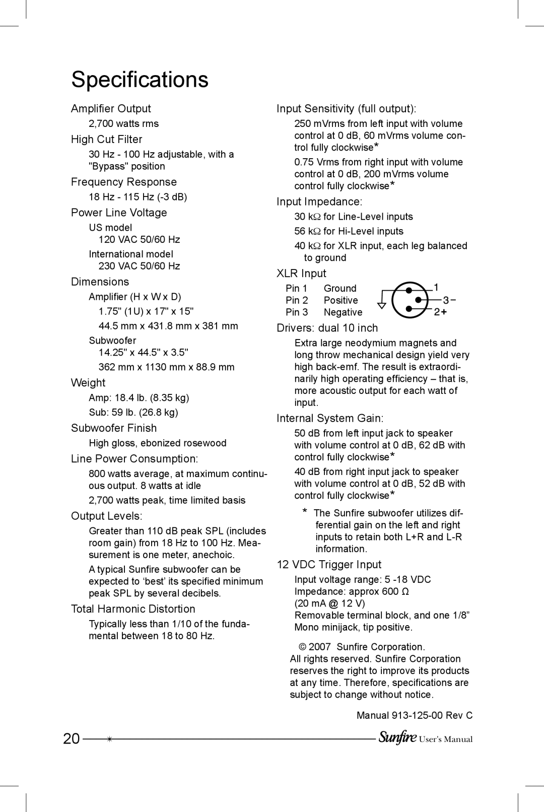 Sunfire SRS-210R manual Specifications, Dimensions 