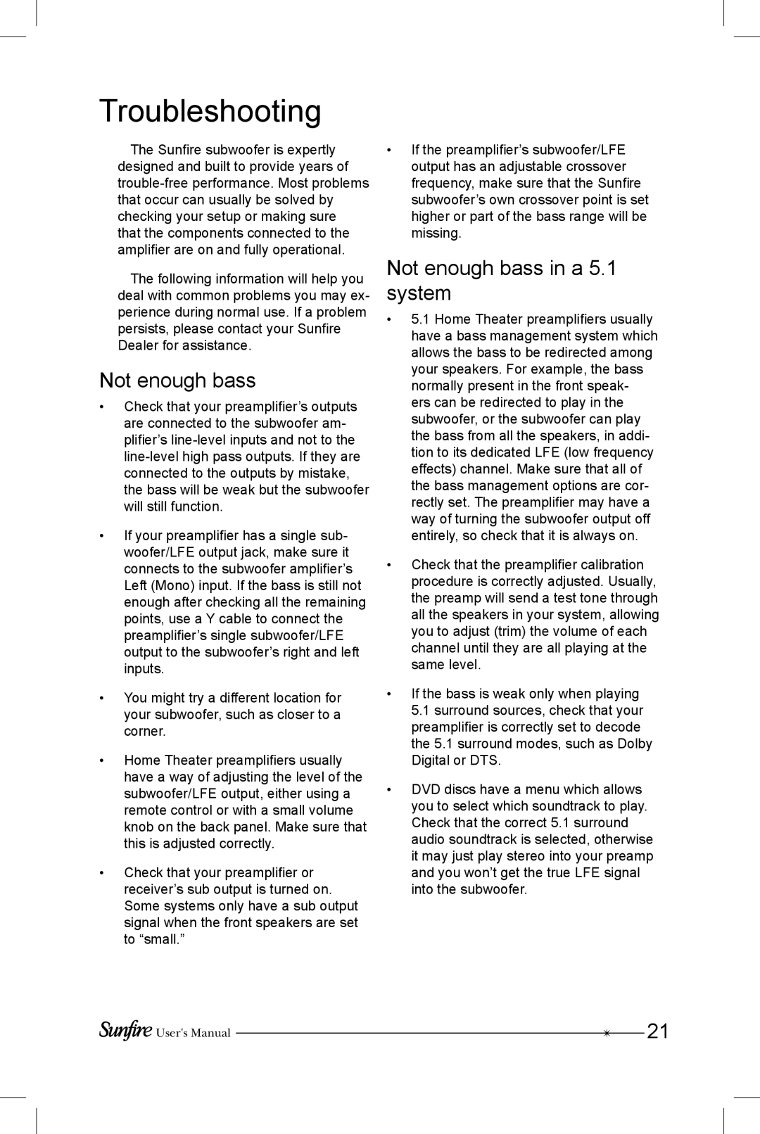 Sunfire SRS-210R manual Troubleshooting, Not enough bass in a 5.1 system 