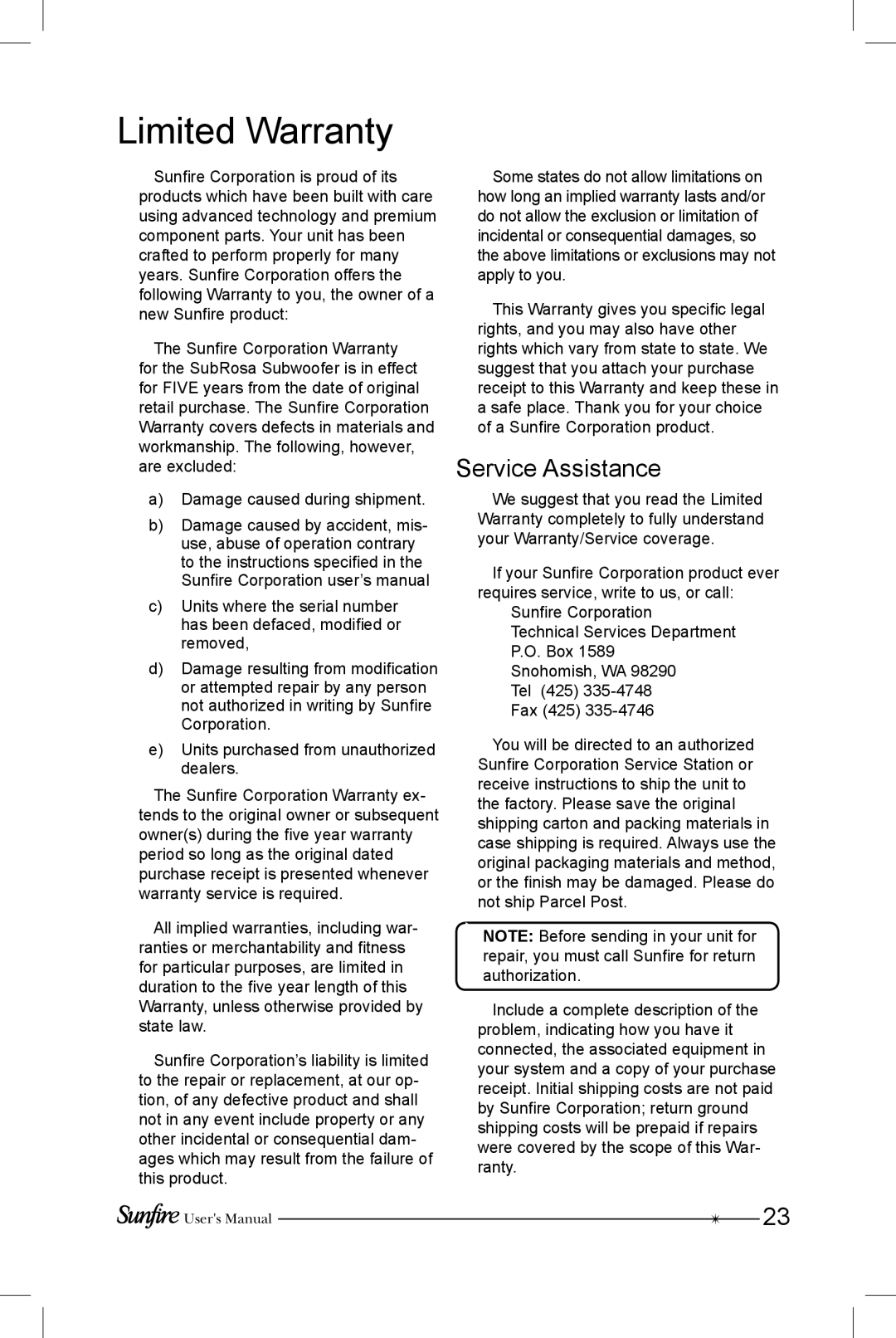 Sunfire SRS-210R manual Limited Warranty, Service Assistance 