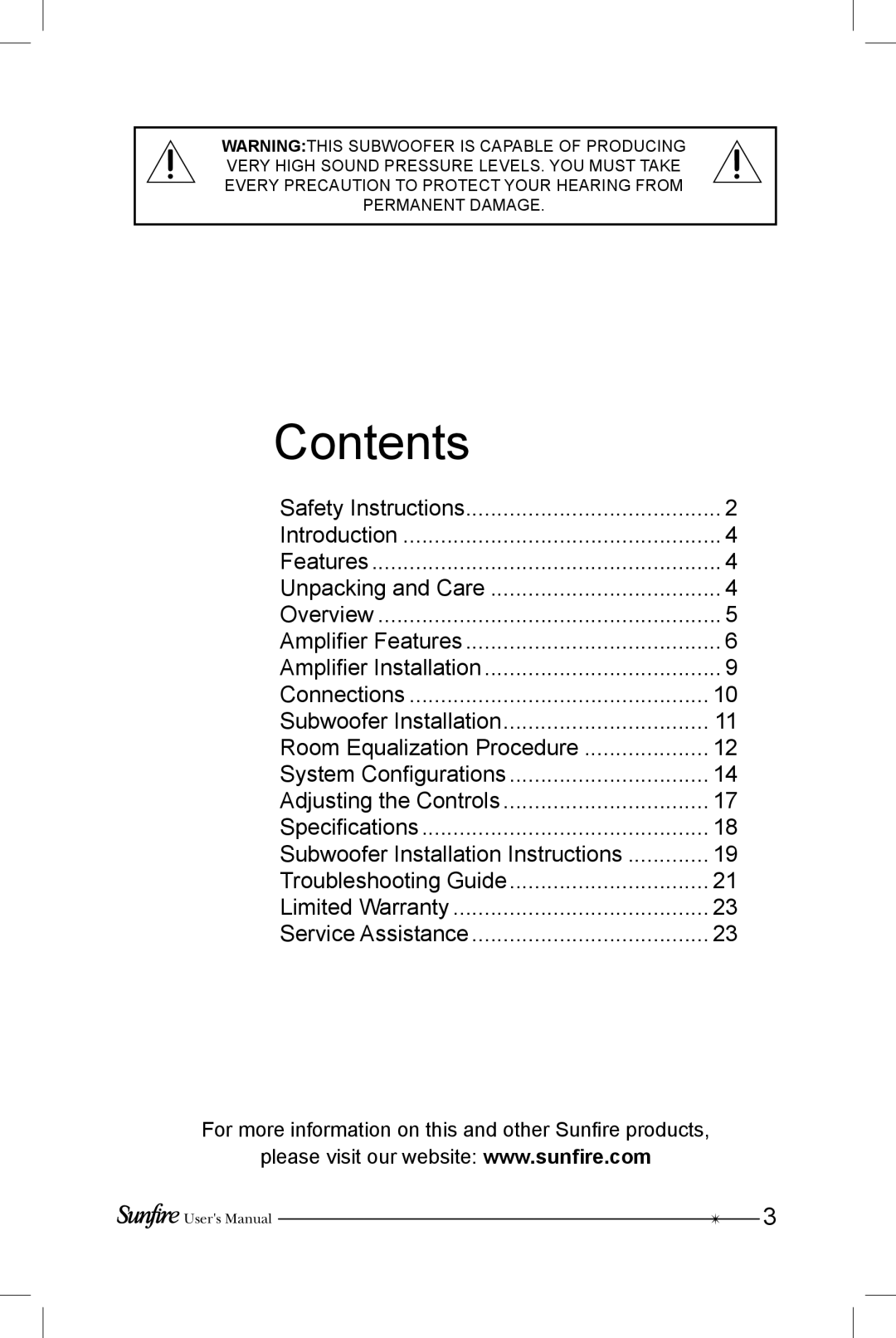 Sunfire SRS-210R manual Contents 