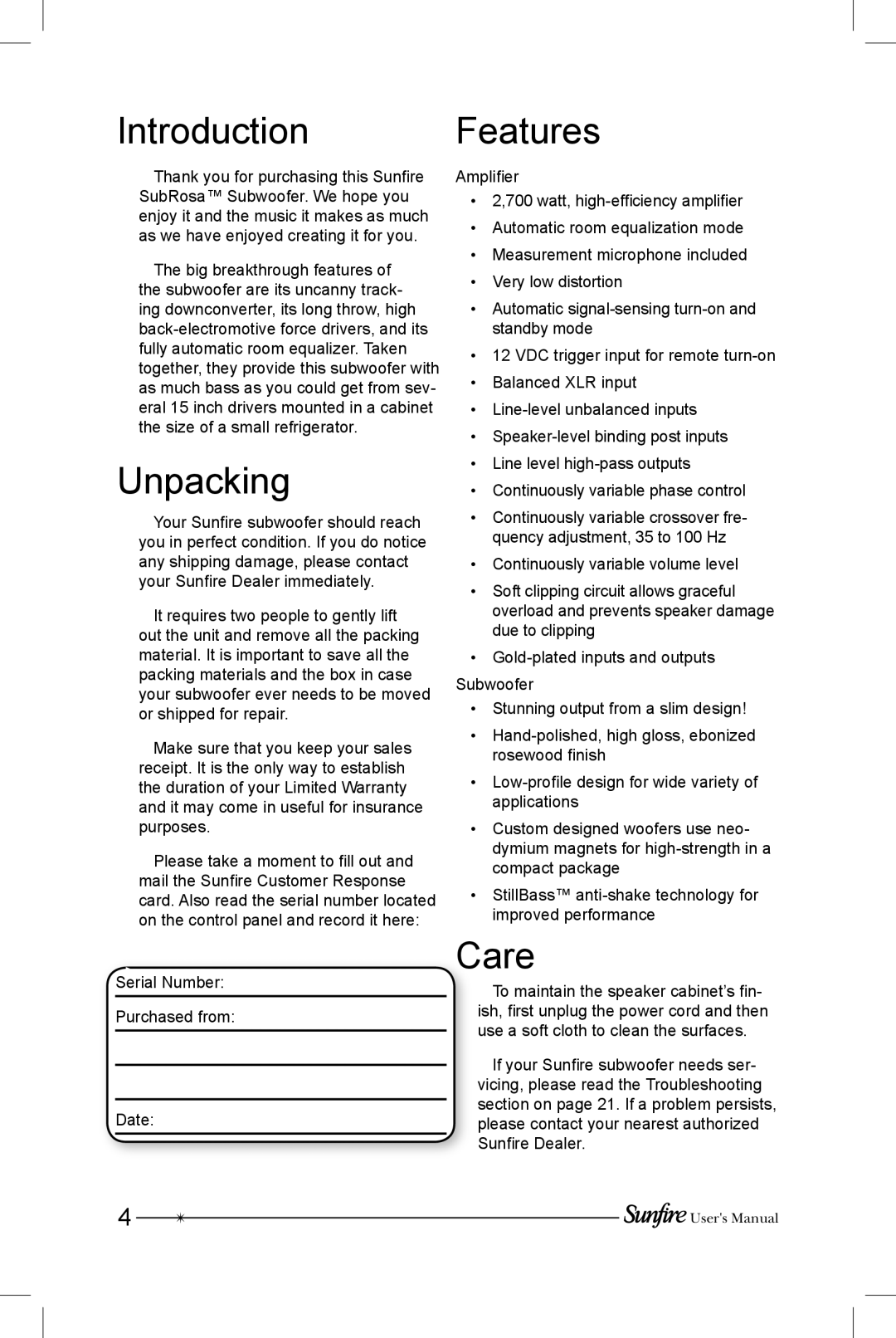 Sunfire SRS-210R manual Introduction, Unpacking, Features, Care 