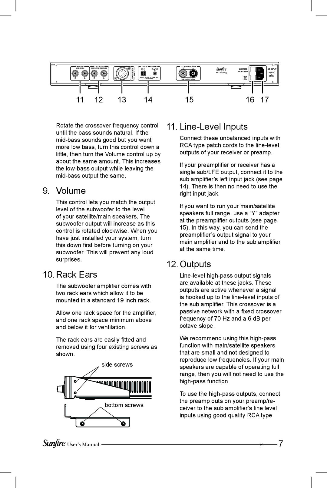 Sunfire SRS-210R manual Volume, Rack Ears, Line-Level Inputs, Outputs 