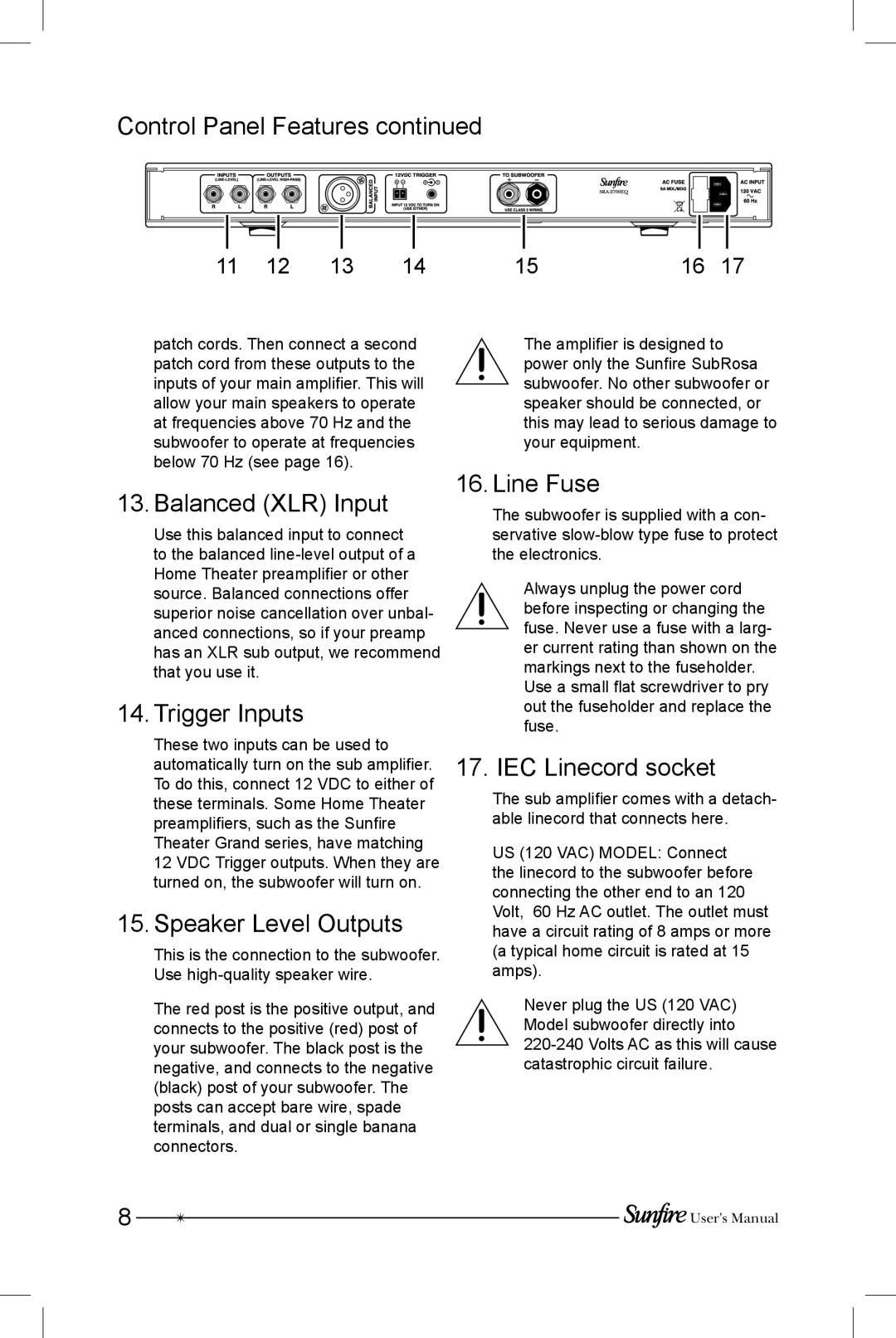 Sunfire SRS-210R manual Control Panel Features, Balanced XLR Input, Trigger Inputs, Speaker Level Outputs, Line Fuse 