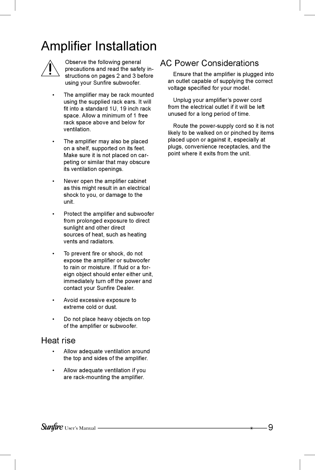 Sunfire SRS-210R manual Amplifier Installation, AC Power Considerations, Heat rise 
