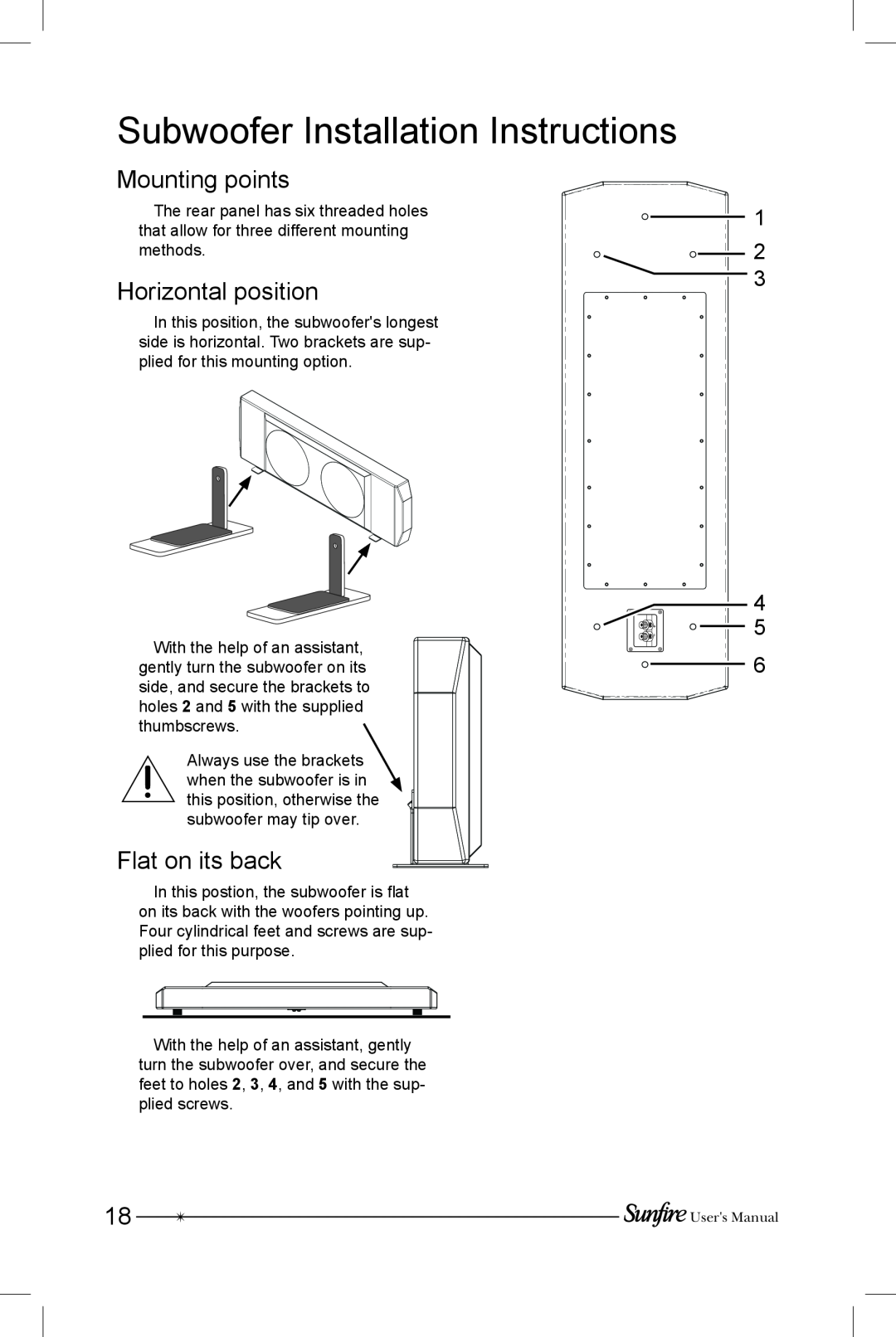Sunfire SRS-210R Subwoofer Installation Instructions, Mounting points, Horizontal position, Flat on its back, 1 2 3 4 5 6 