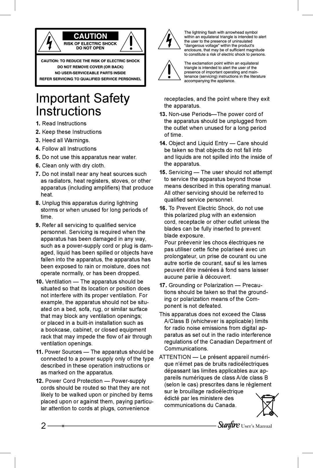 Sunfire SRS-210R manual Important Safety Instructions 