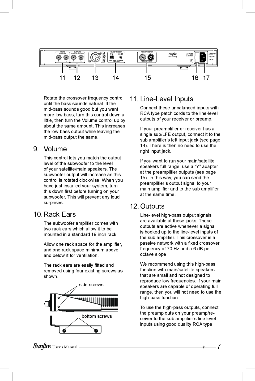 Sunfire SRS-210R manual Volume, Rack Ears, Line-LevelInputs, Outputs 