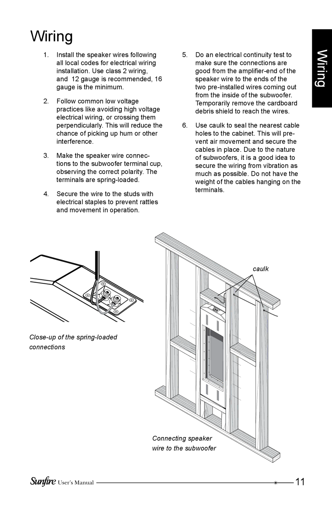 Sunfire SRS210W-B, SRS210W-G, SRS210W-C installation instructions Wiring 