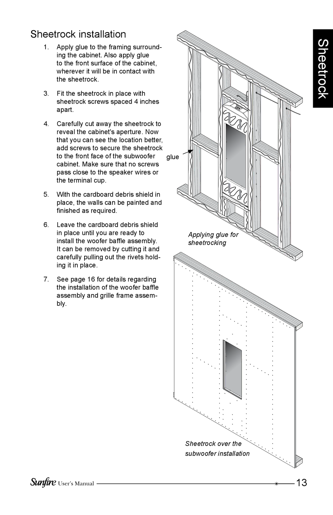 Sunfire SRS210W-C, SRS210W-G, SRS210W-B installation instructions Sheetrock installation 