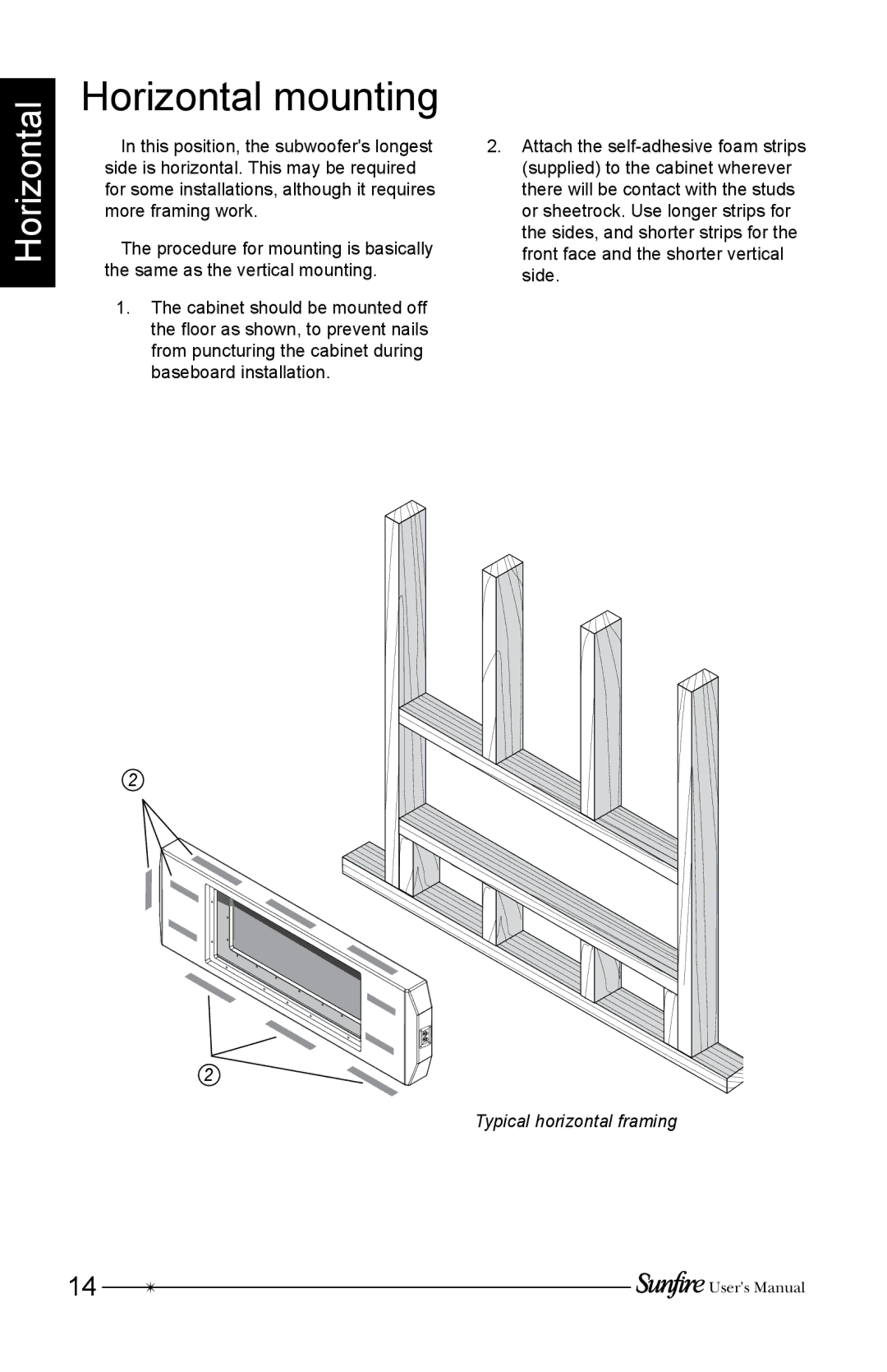 Sunfire SRS210W-B, SRS210W-G, SRS210W-C installation instructions Horizontal mounting, Typical horizontal framing 