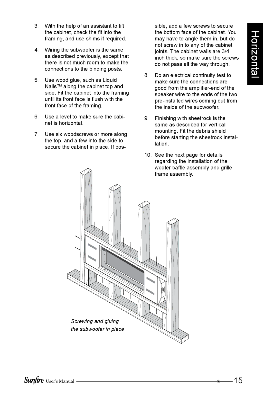 Sunfire SRS210W-G, SRS210W-C, SRS210W-B installation instructions Screwing and gluing the subwoofer in place 