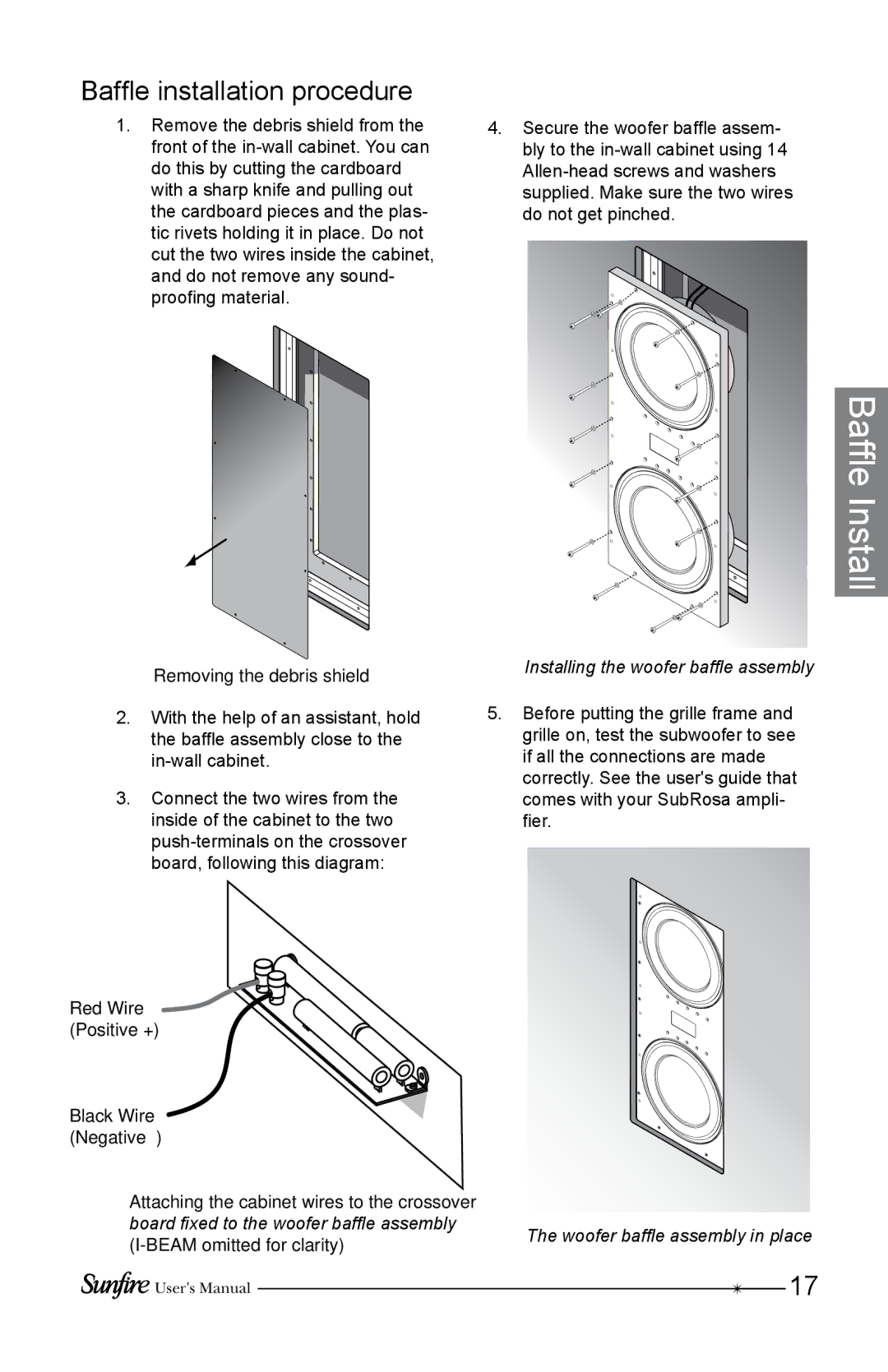 Sunfire SRS210W-B, SRS210W-G, SRS210W-C installation instructions Baffle installation procedure, Removing the debris shield 