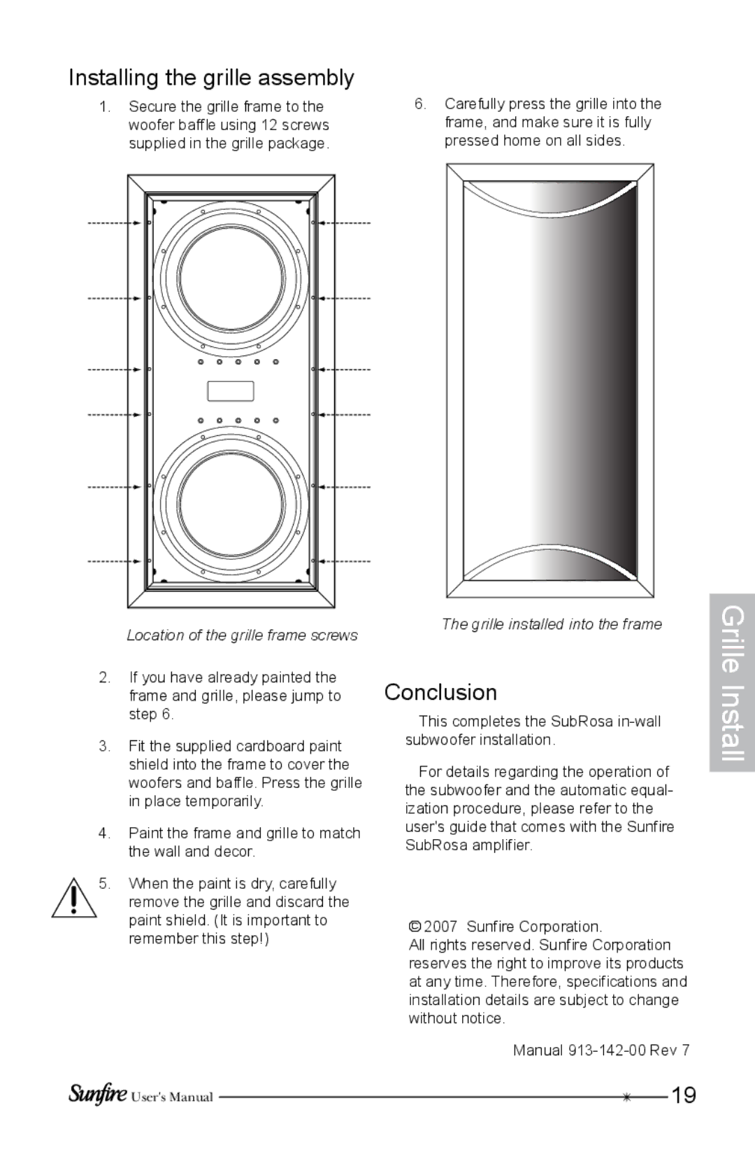 Sunfire SRS210W-C, SRS210W-G, SRS210W-B installation instructions Installing the grille assembly, Conclusion 