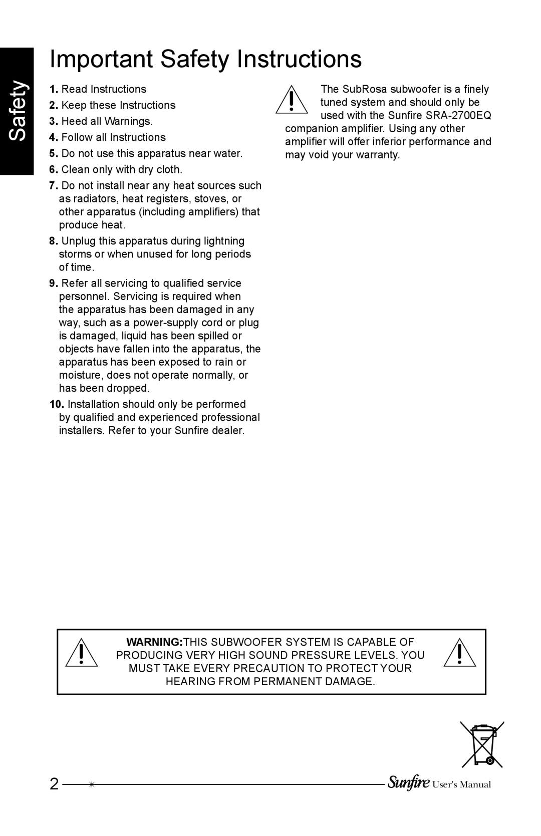 Sunfire SRS210W-B, SRS210W-G, SRS210W-C installation instructions Important Safety Instructions 