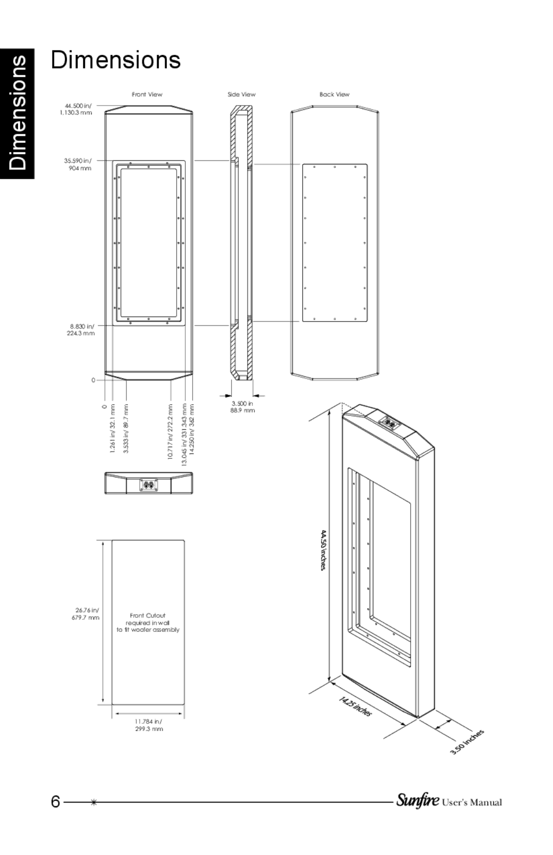 Sunfire SRS210W-G, SRS210W-C, SRS210W-B installation instructions Dimensions 