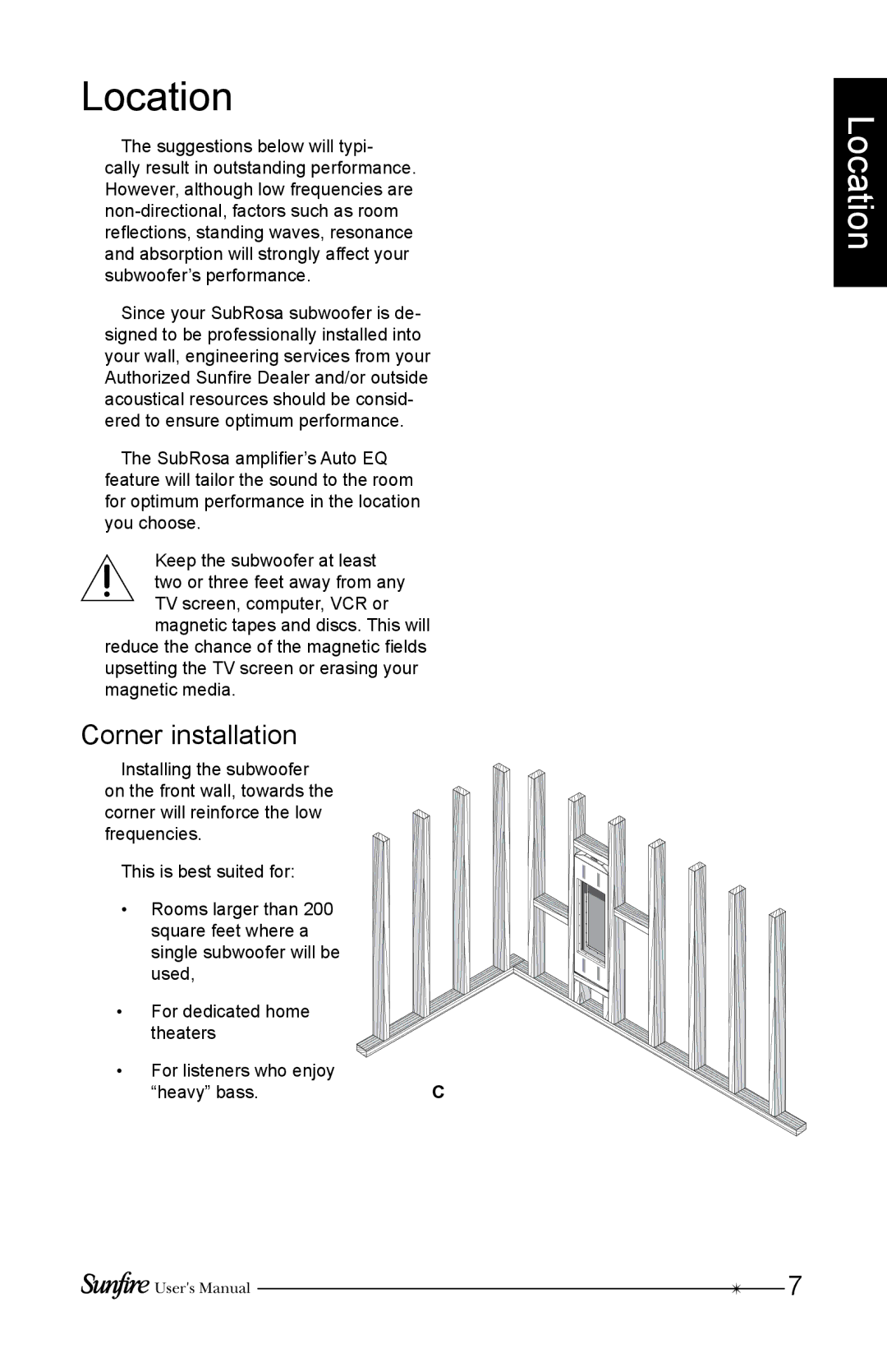 Sunfire SRS210W-C, SRS210W-G, SRS210W-B installation instructions Location, Corner installation 