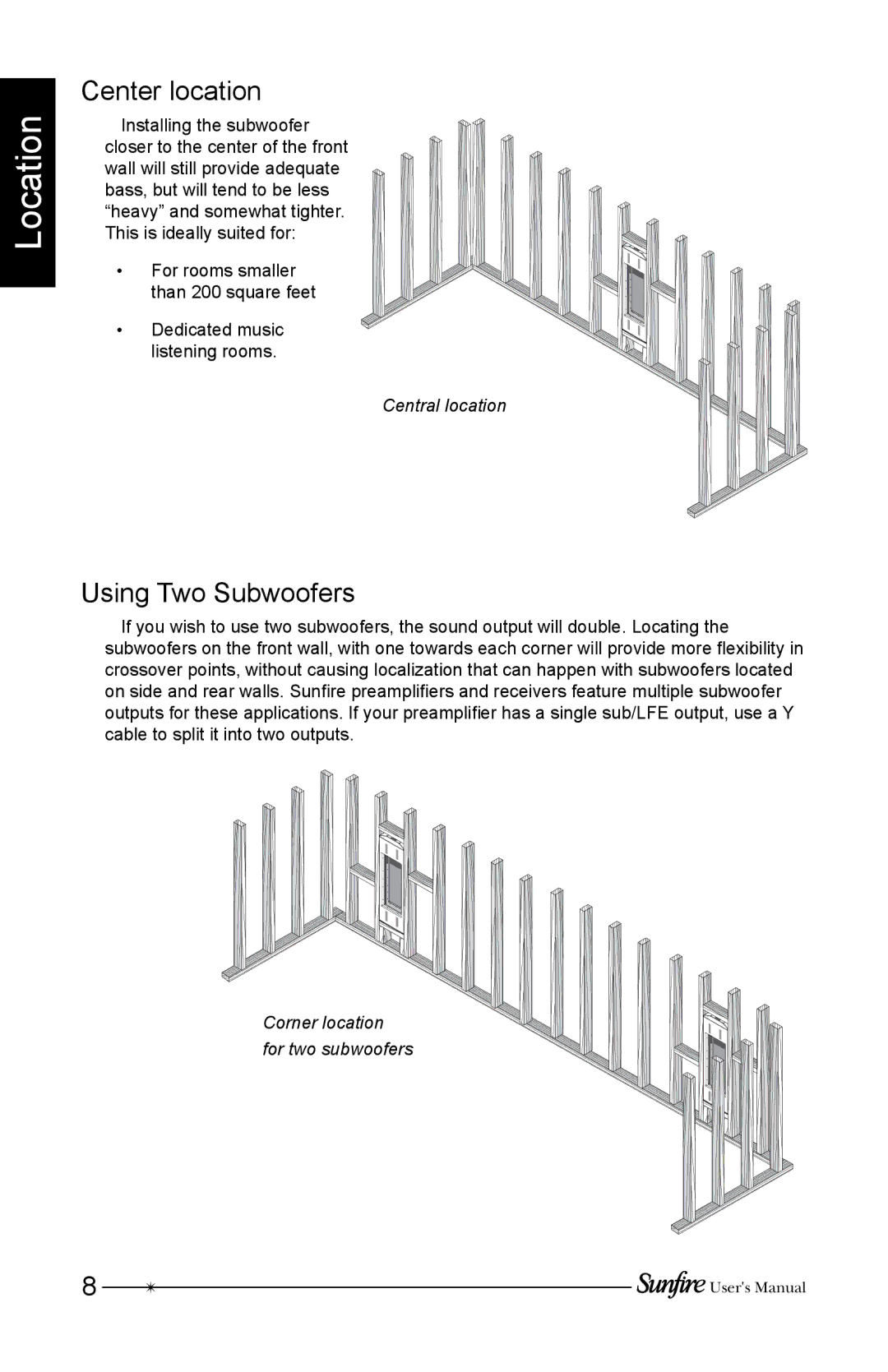 Sunfire SRS210W-B, SRS210W-G, SRS210W-C installation instructions Center location, Using Two Subwoofers 