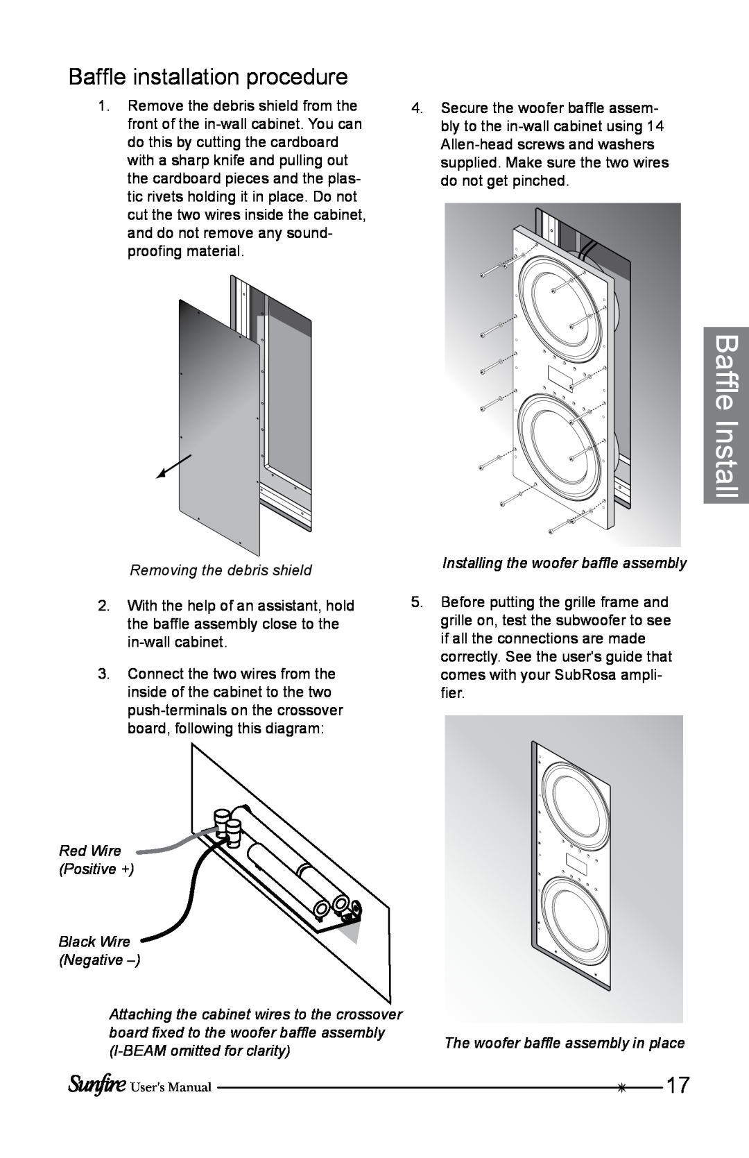 Sunfire SRS210W-B Baffle installation procedure, Baffle Install, Removing the debris shield, I-BEAMomitted for clarity 