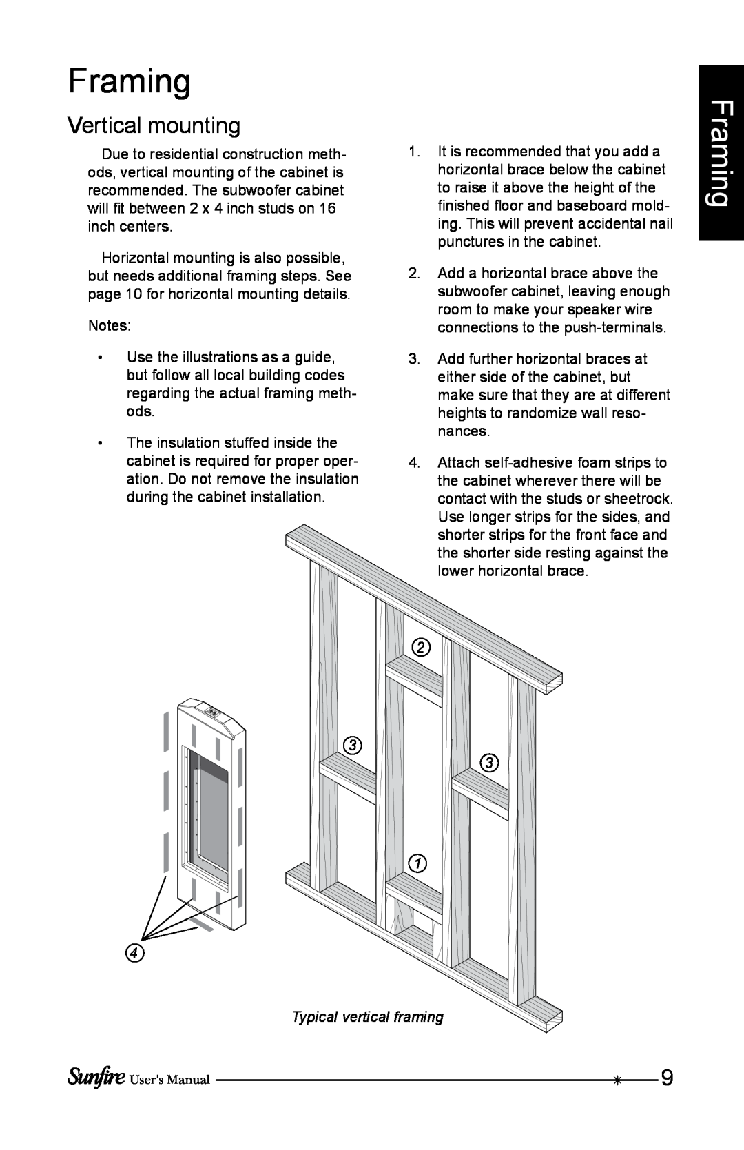 Sunfire SRS210W-G, SRS210W-C, SRS210W-B installation instructions Framing, Vertical mounting, Typical vertical framing 