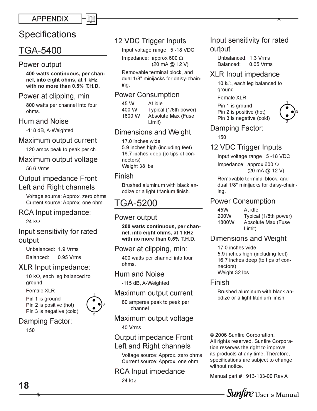 Sunfire TGA-5400(E), TGA-5200(E) manual Speciﬁcations TGA-5400 