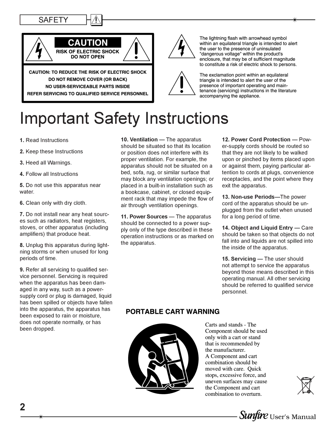 Sunfire TGA-5400(E), TGA-5200(E) manual Important Safety Instructions 