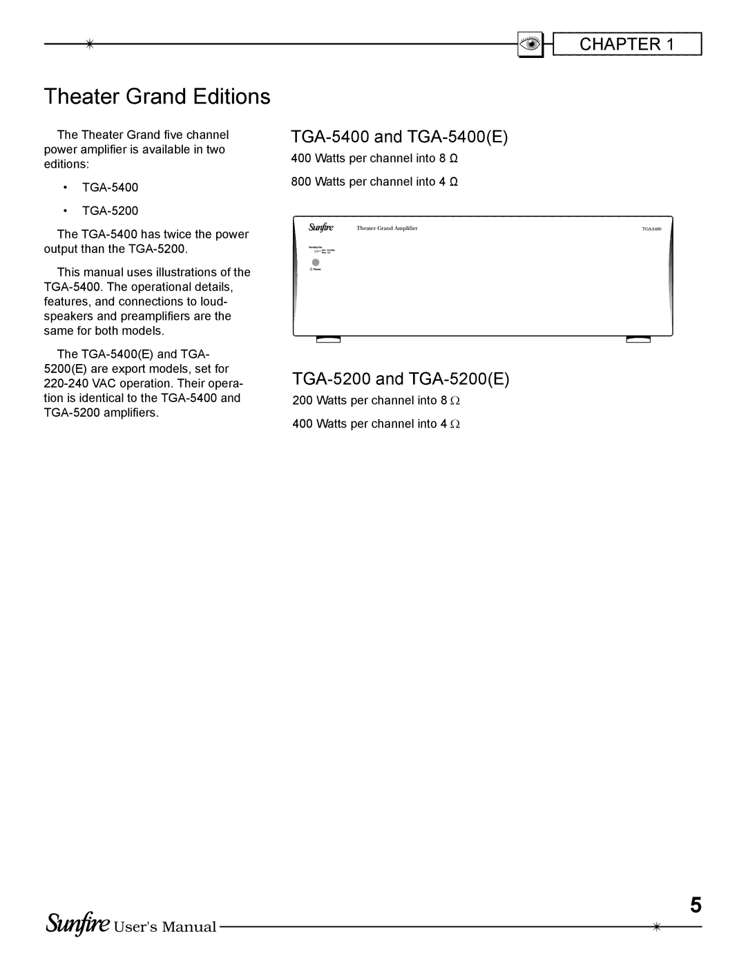 Sunfire TGA-5400(E), TGA-5200(E) manual Theater Grand Editions, TGA-5400 and TGA-5400E, TGA-5200 and TGA-5200E 