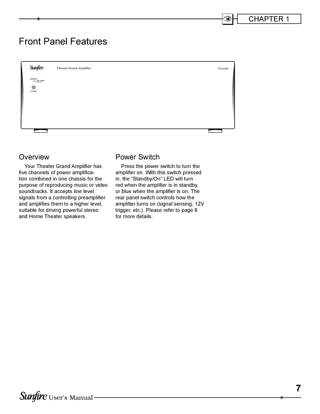 Sunfire TGA-5200(E), TGA-5400(E) manual Front Panel Features, Overview, Power Switch 