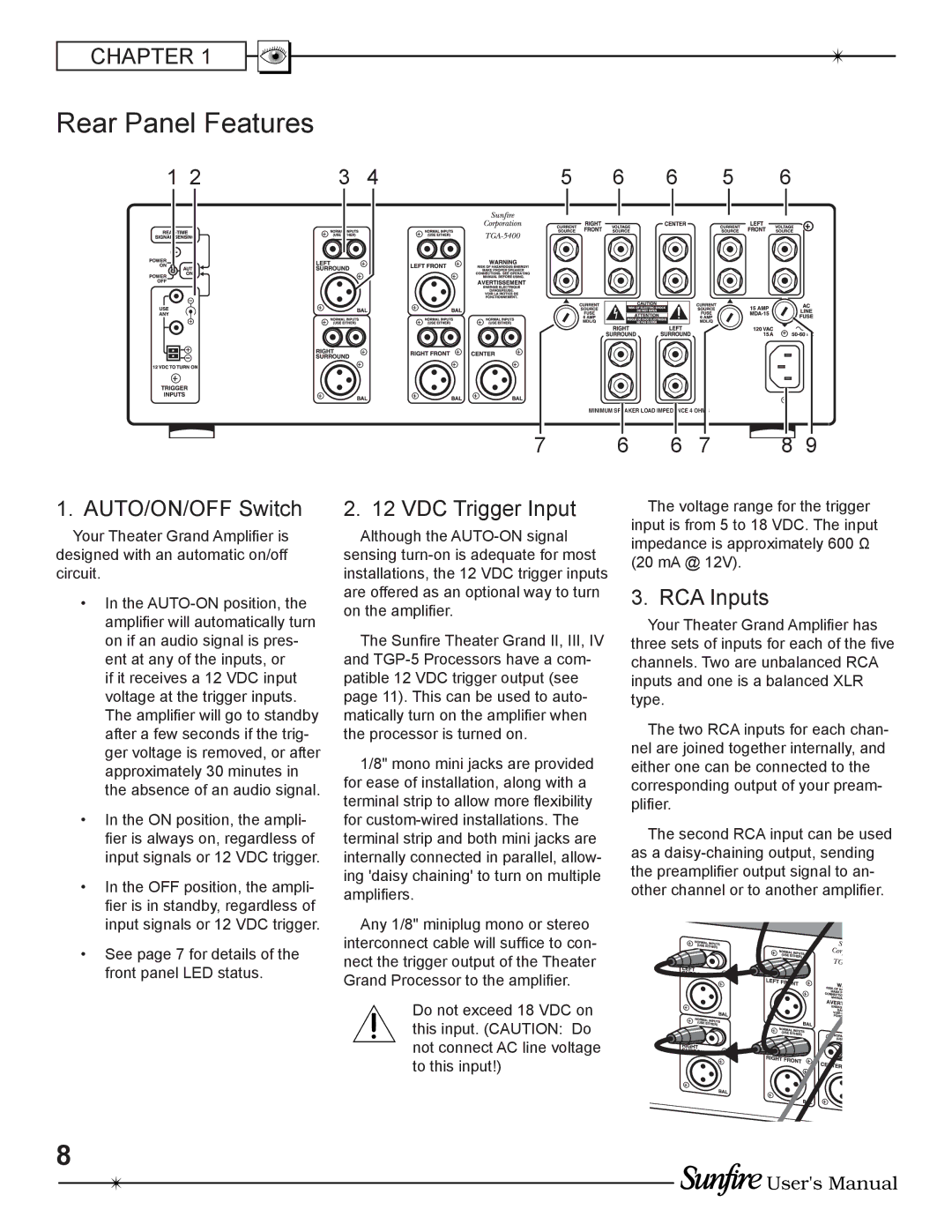 Sunfire TGA-5400(E), TGA-5200(E) manual Rear Panel Features, AUTO/ON/OFF Switch, VDC Trigger Input, RCA Inputs 