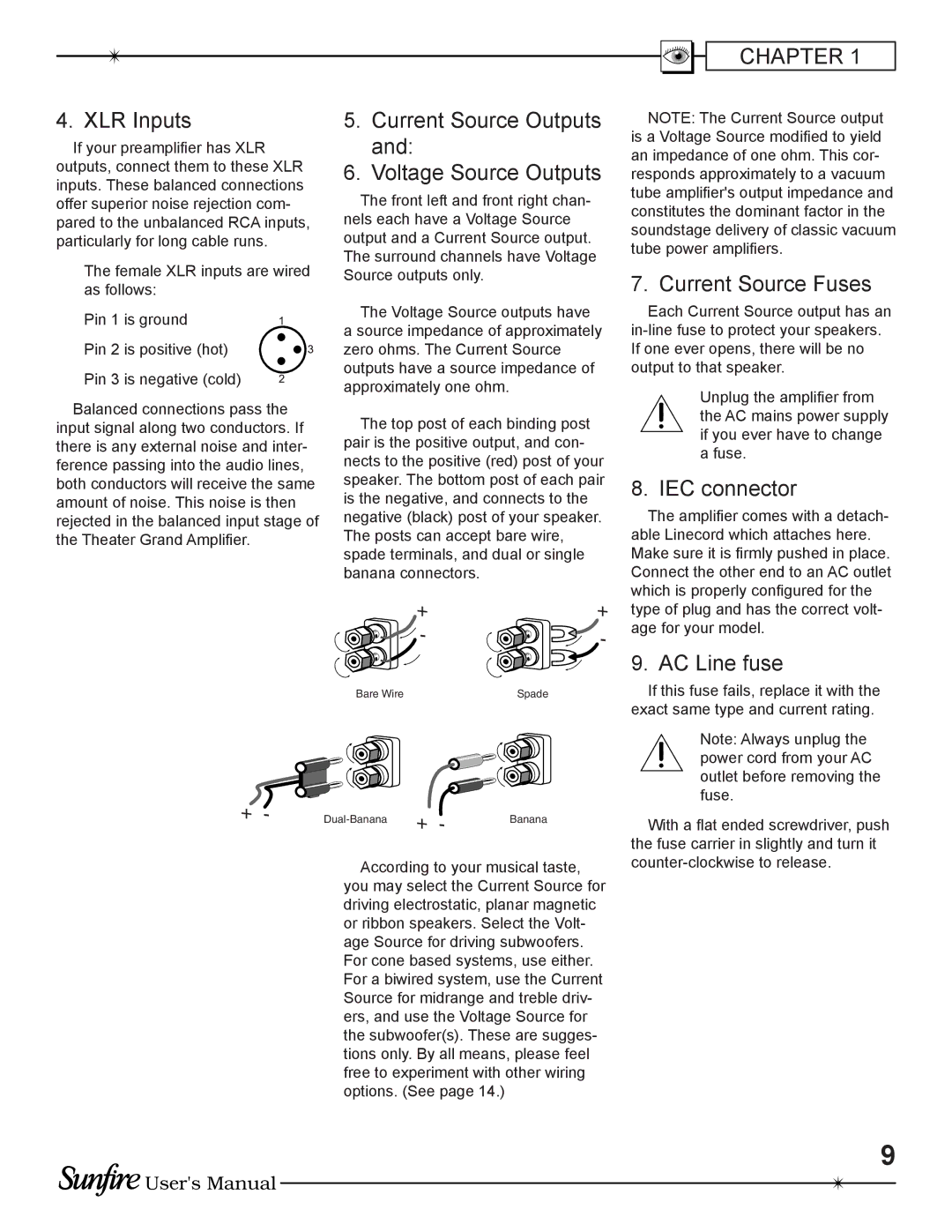 Sunfire TGA-5400(E) manual XLR Inputs, Current Source Outputs Voltage Source Outputs, Current Source Fuses, IEC connector 