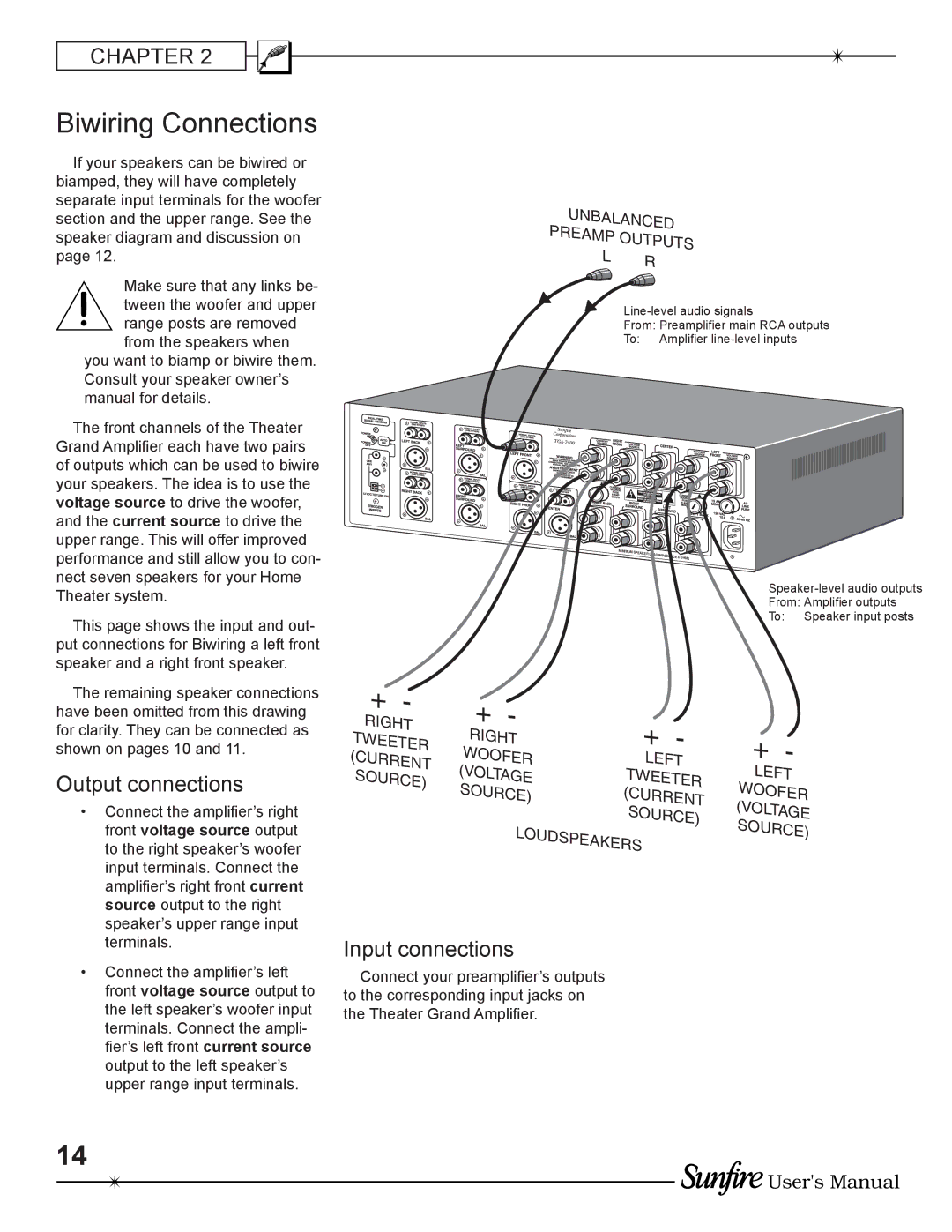 Sunfire TGA-7200(E), TGA-7400(E) manual Biwiring Connections, Unbalanced Preamp Outputs 