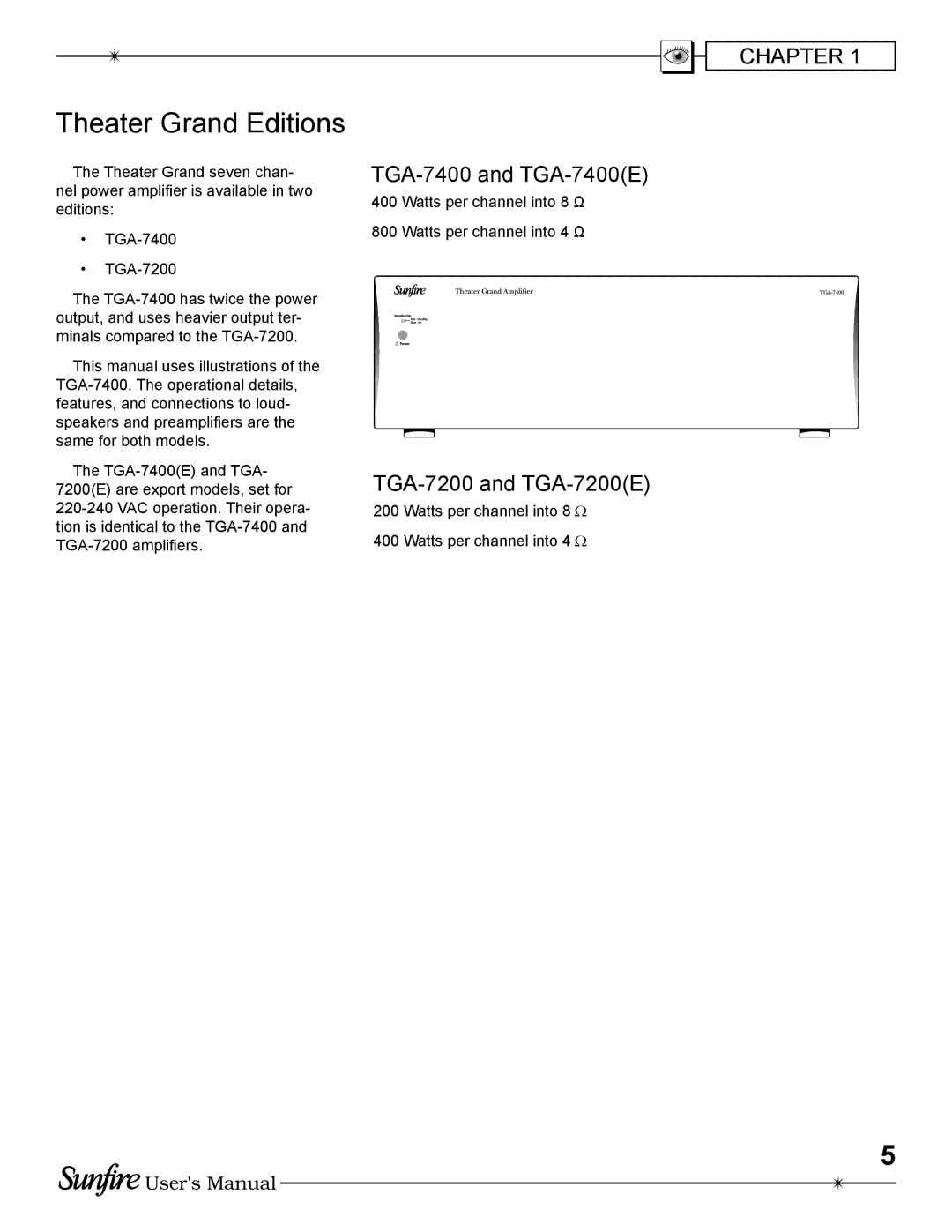 Sunfire TGA-7400(E), TGA-7200(E) manual Theater Grand Editions, TGA-7400 and TGA-7400E, TGA-7200 and TGA-7200E 