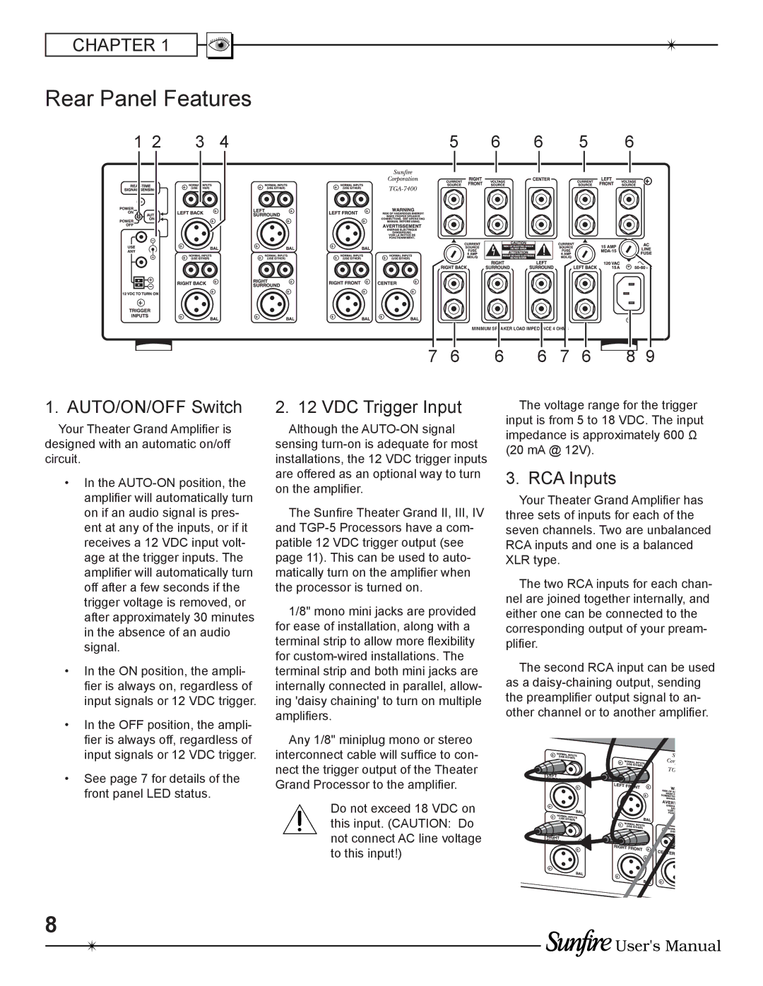 Sunfire TGA-7400(E), TGA-7200(E) manual Rear Panel Features, AUTO/ON/OFF Switch, VDC Trigger Input, RCA Inputs 