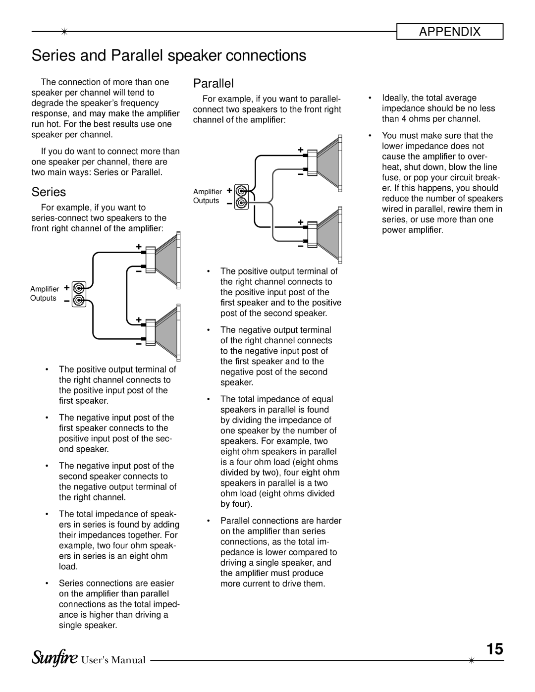 Sunfire TGA7401, TGA-7401-230, TGA-7201-230 manual Series and Parallel speaker connections 