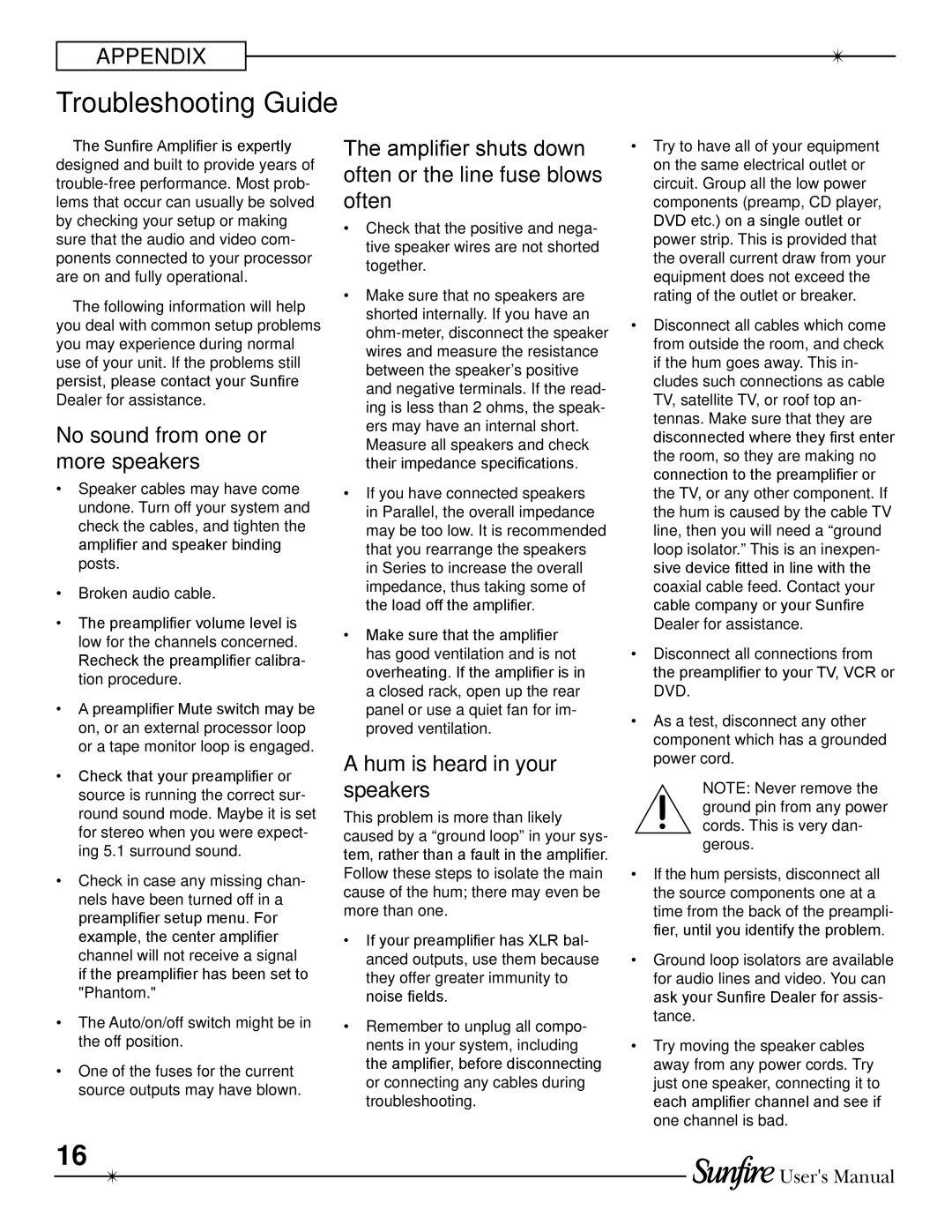 Sunfire TGA-7401-230, TGA-7201 Troubleshooting Guide, No sound from one or more speakers, Hum is heard in your speakers 