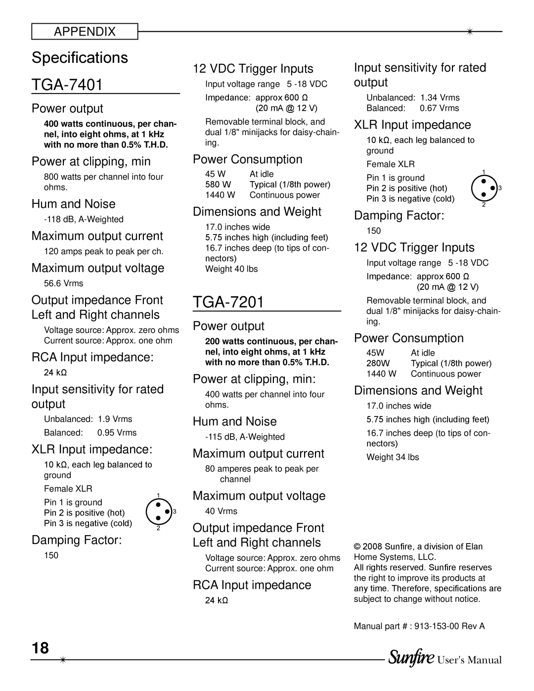 Sunfire TGA-7201-230, TGA-7401-230, TGA7401 manual Specifications TGA-7401 