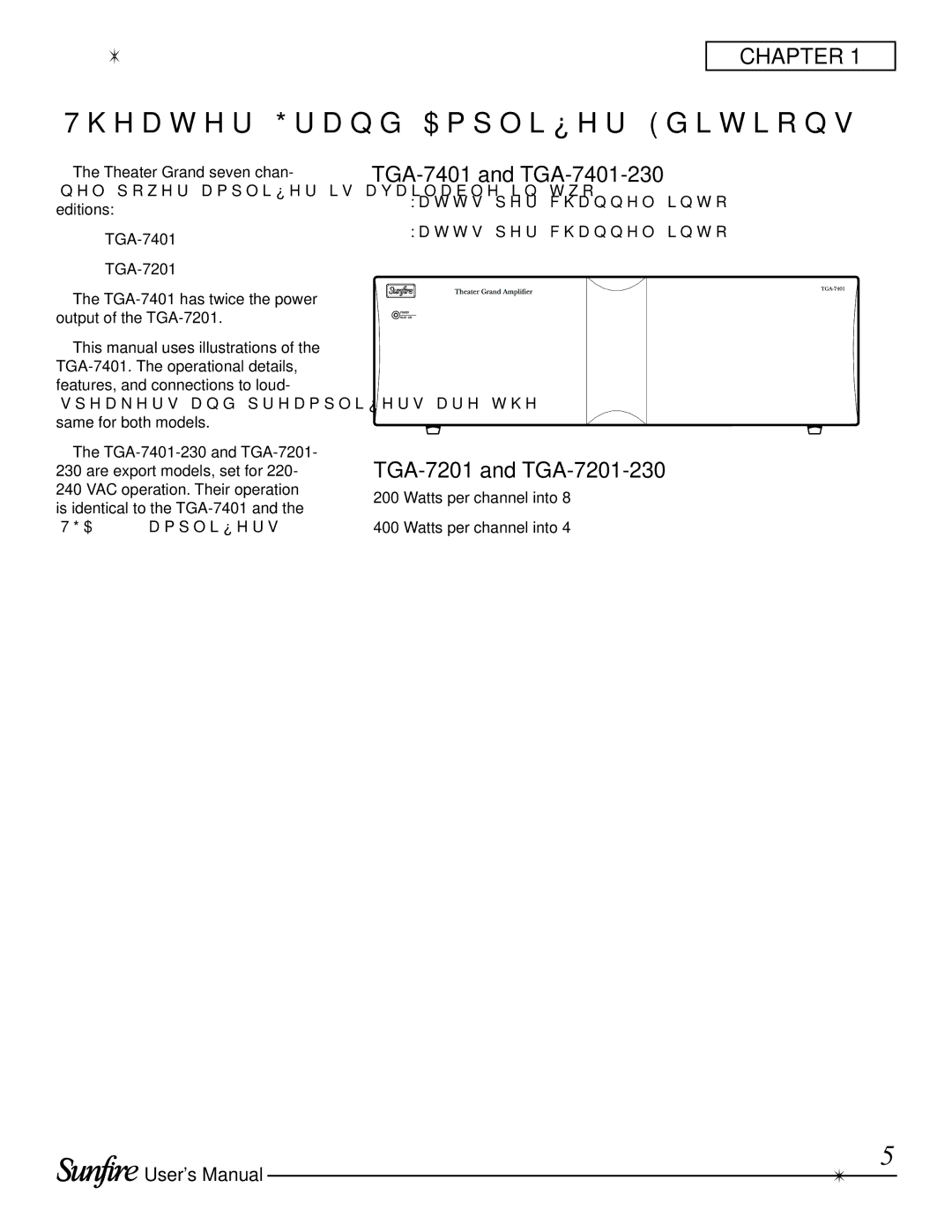 Sunfire TGA7401 manual Theater Grand Amplifier Editions, TGA-7401 and TGA-7401-230, TGA-7201 and TGA-7201-230 