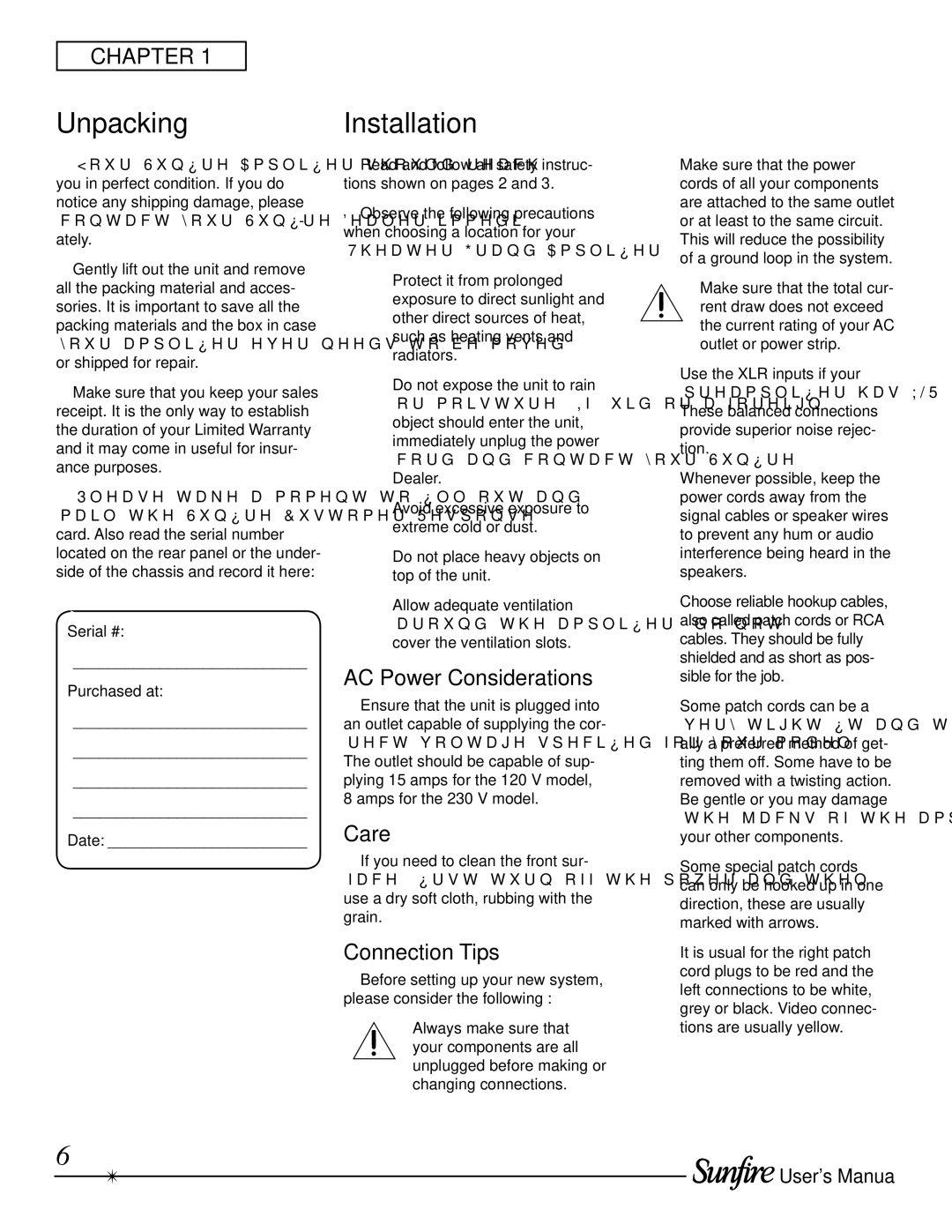 Sunfire TGA-7201-230, TGA-7401-230, TGA7401 manual Unpacking, Installation, AC Power Considerations, Care, Connection Tips 