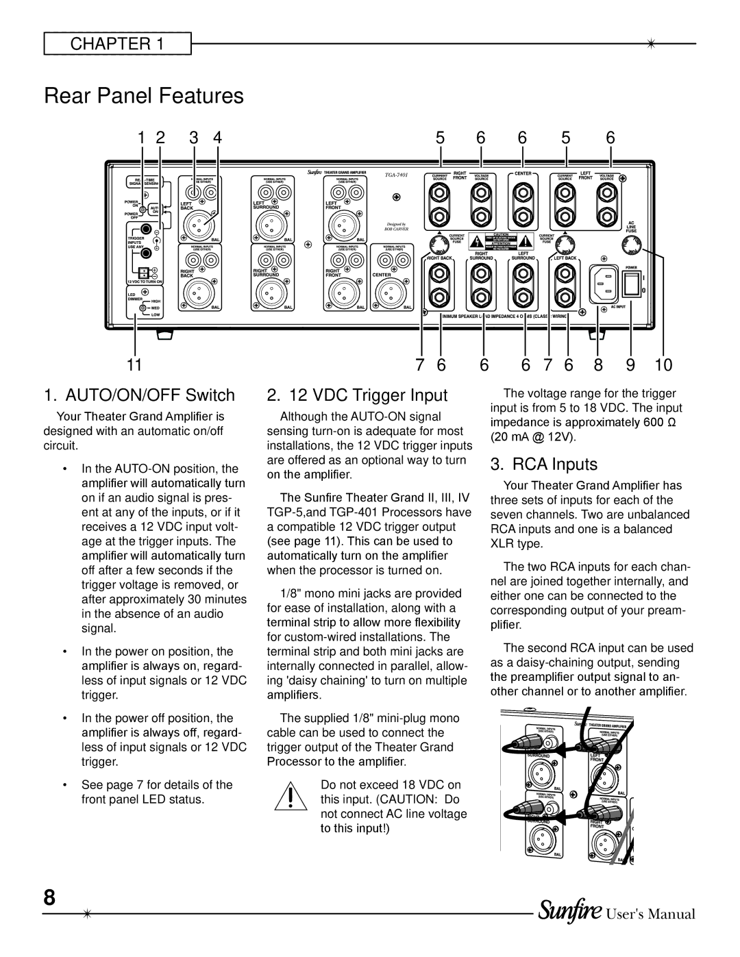 Sunfire TGA-7401-230, TGA-7201-230, TGA7401 manual Rear Panel Features, AUTO/ON/OFF Switch, VDC Trigger Input, RCA Inputs 