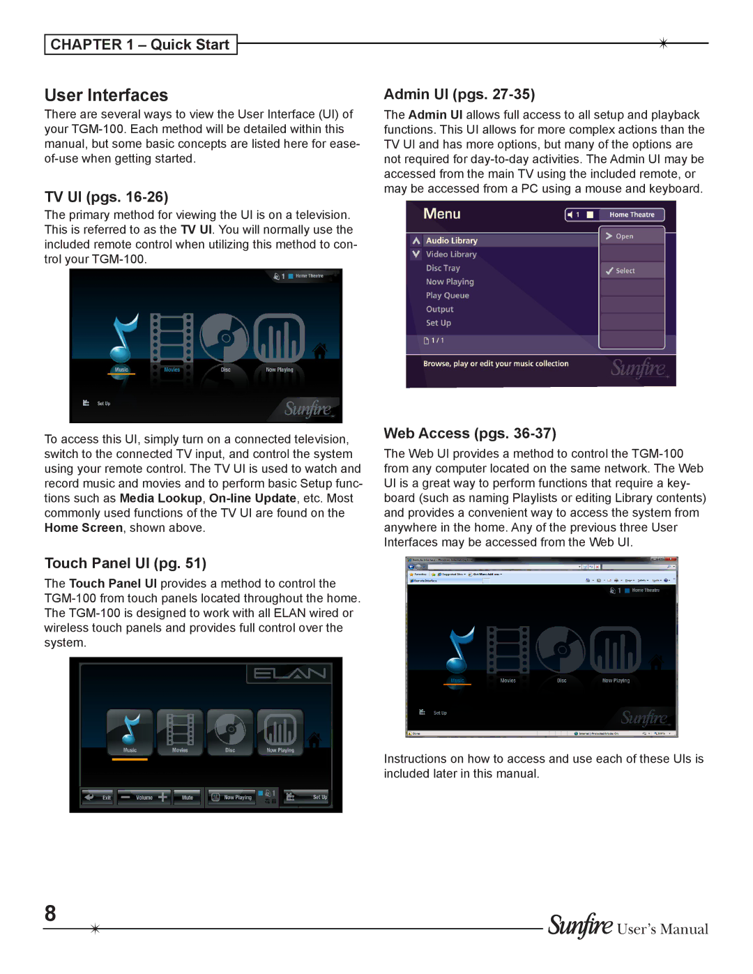 Sunfire TGM-100C user manual User Interfaces, TV UI pgs, Touch Panel UI pg, Admin UI pgs, Web Access pgs 