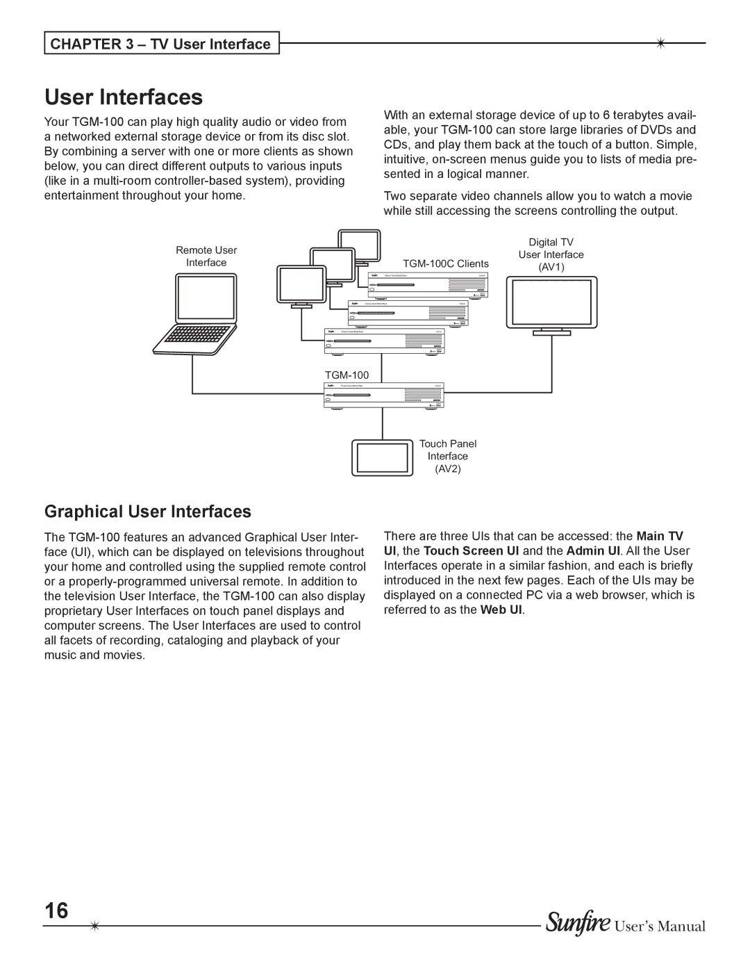 Sunfire TGM-100C user manual Graphical User Interfaces, TV User Interface 