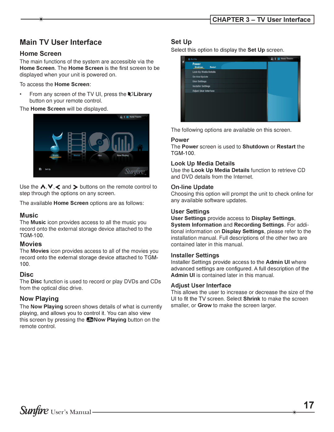 Sunfire TGM-100C user manual Main TV User Interface 