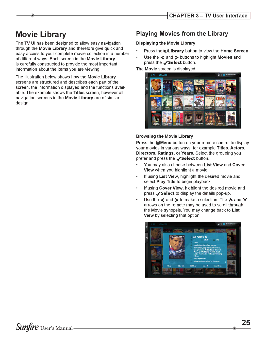 Sunfire TGM-100C user manual Displaying the Movie Library, Browsing the Movie Library 