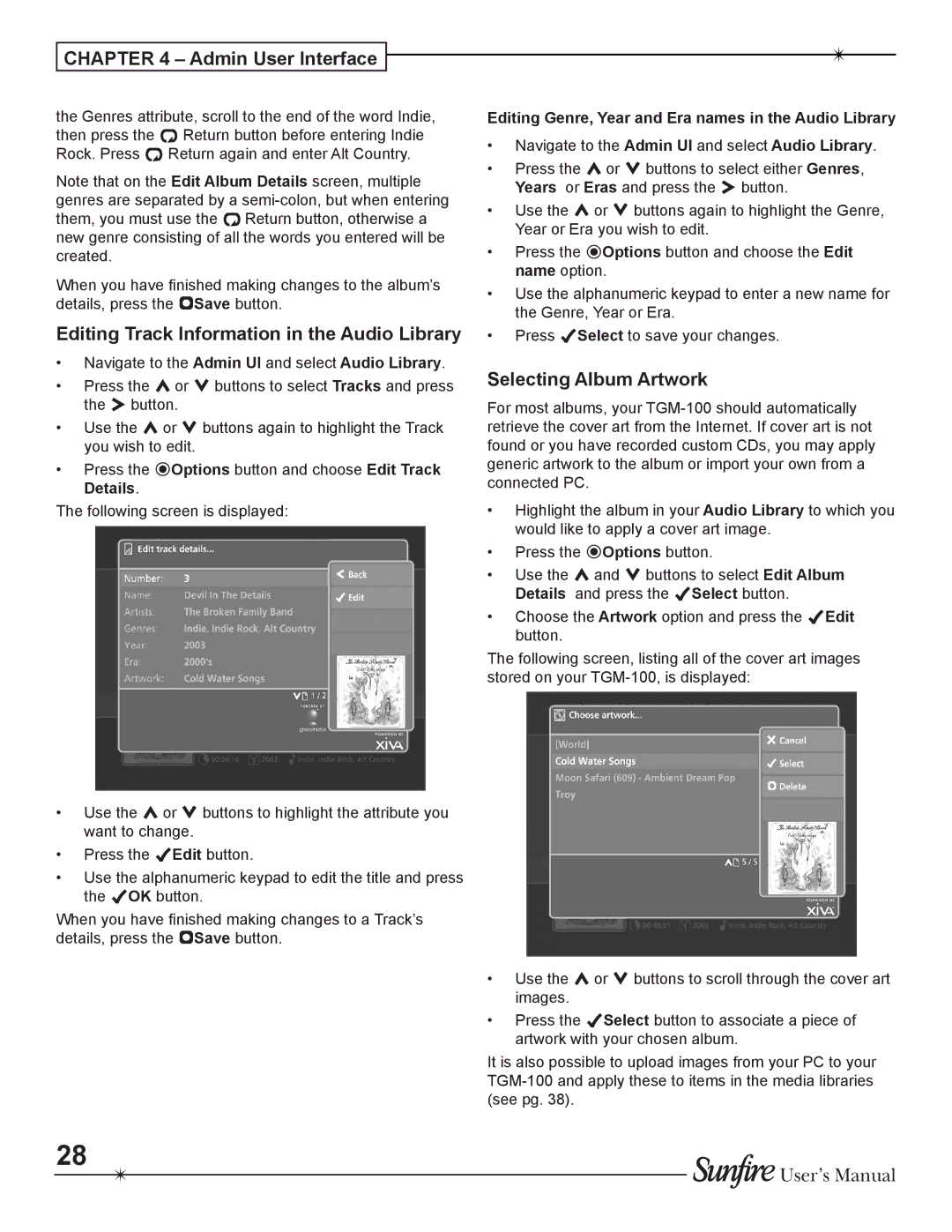 Sunfire TGM-100C user manual Editing Track Information in the Audio Library, Selecting Album Artwork 