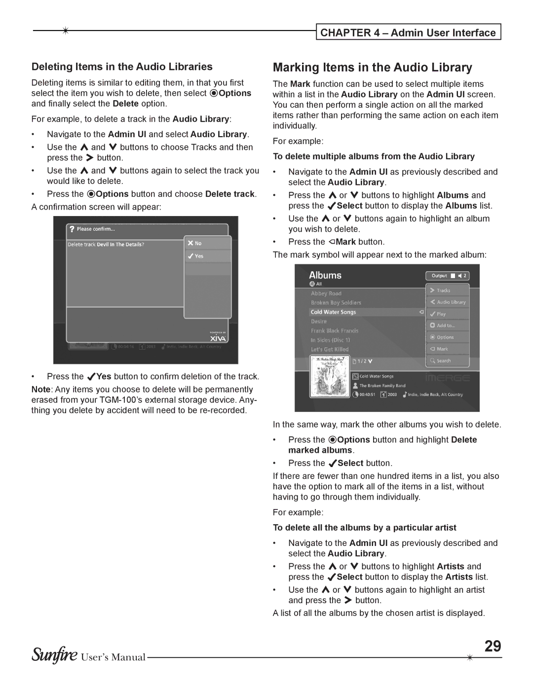 Sunfire TGM-100C user manual Marking Items in the Audio Library, Deleting Items in the Audio Libraries 