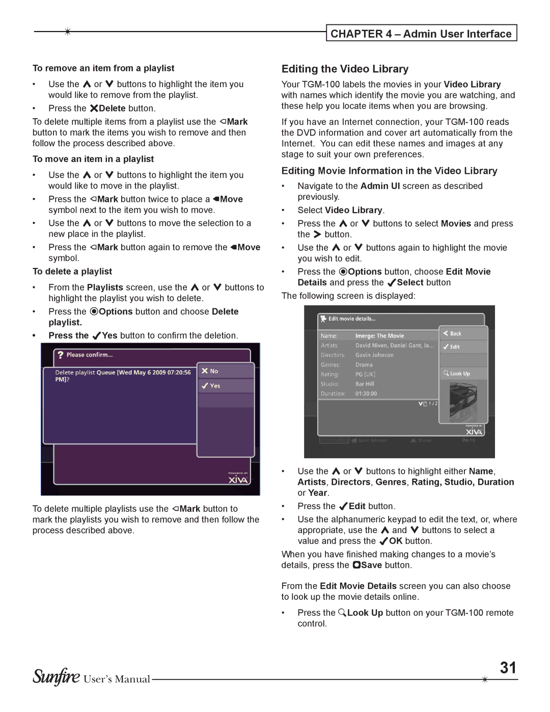 Sunfire TGM-100C user manual Admin User Interface Editing the Video Library, Editing Movie Information in the Video Library 