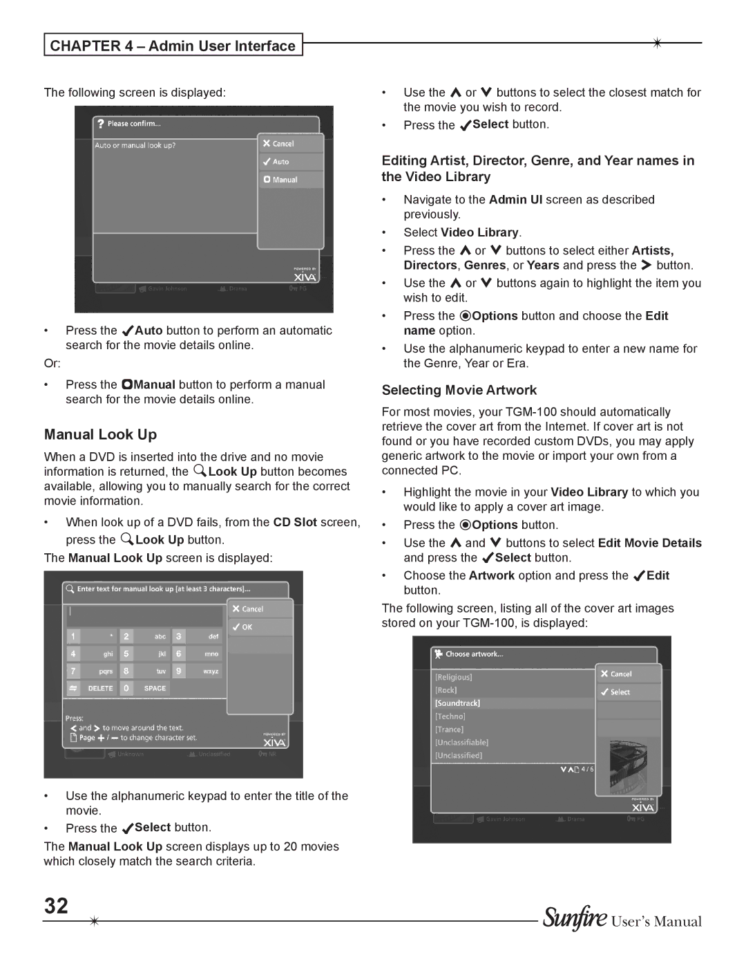 Sunfire TGM-100C user manual Manual Look Up, Selecting Movie Artwork 