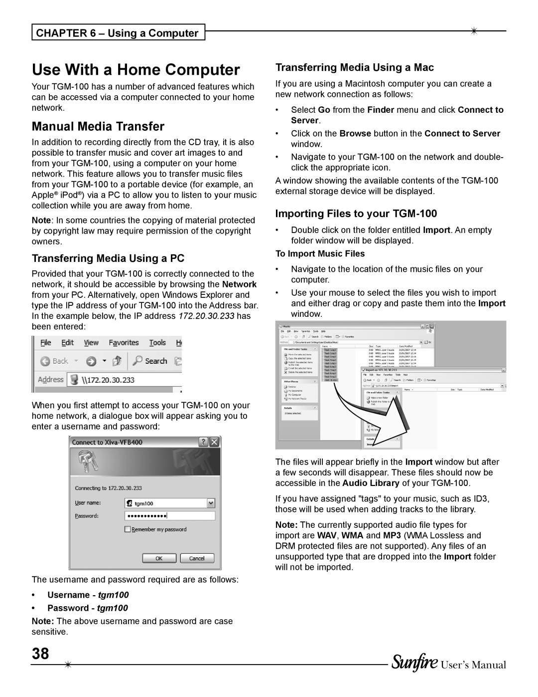 Sunfire TGM-100C user manual Use With a Home Computer, Manual Media Transfer 