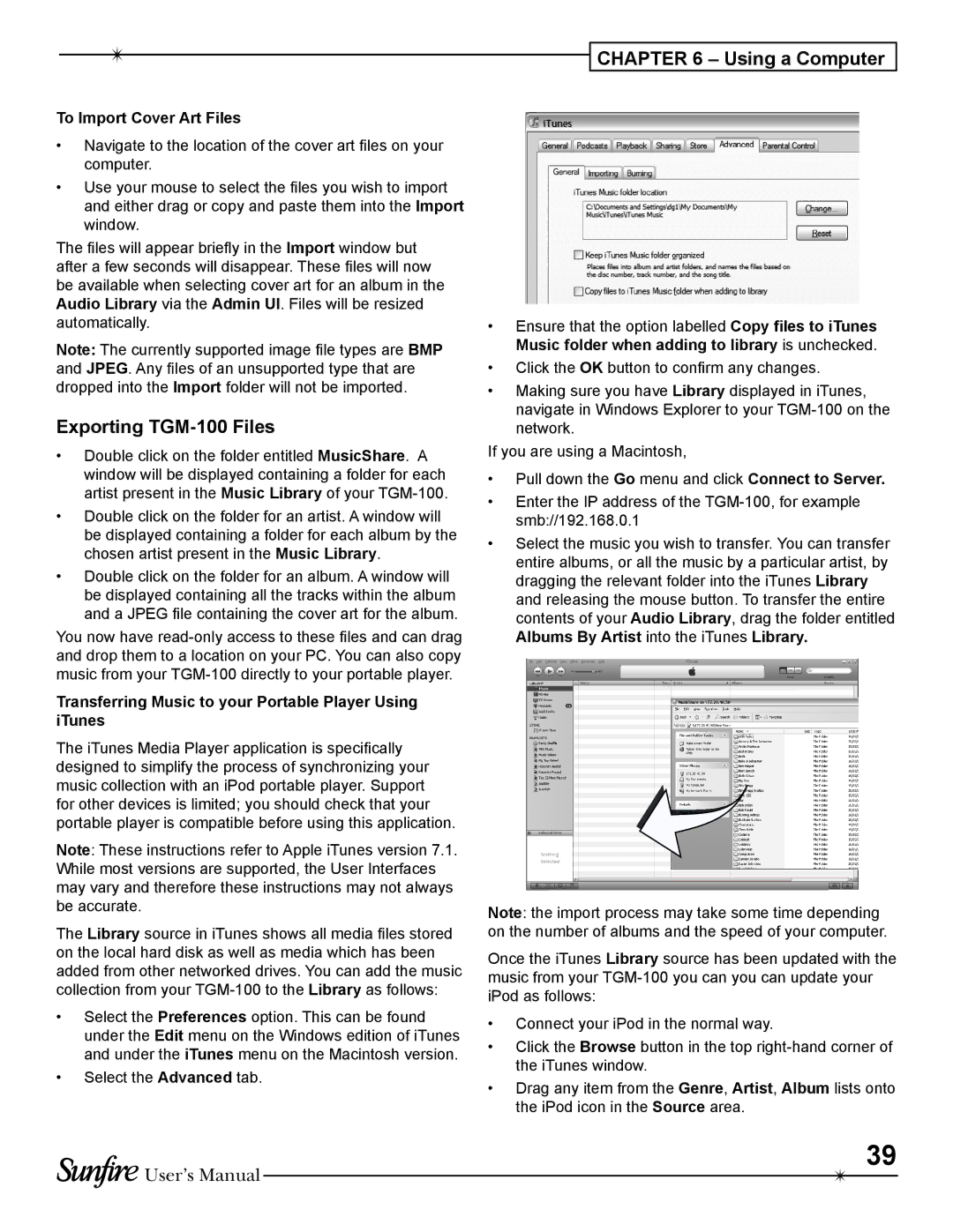 Sunfire TGM-100C Exporting TGM-100 Files, To Import Cover Art Files, Music folder when adding to library is unchecked 