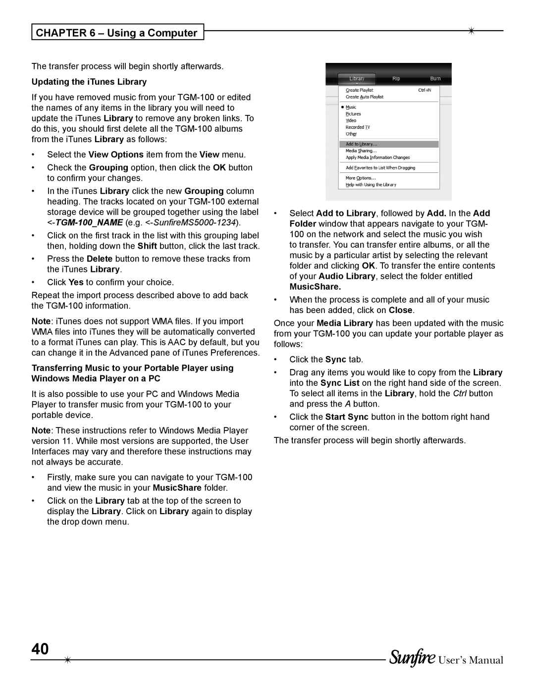 Sunfire TGM-100C user manual Updating the iTunes Library, MusicShare 