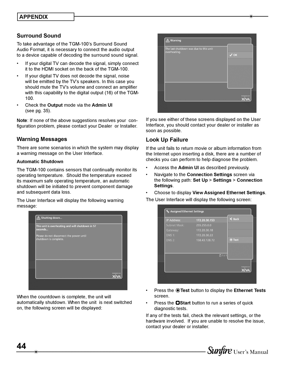 Sunfire TGM-100C user manual Surround Sound, Look Up Failure, Automatic Shutdown 